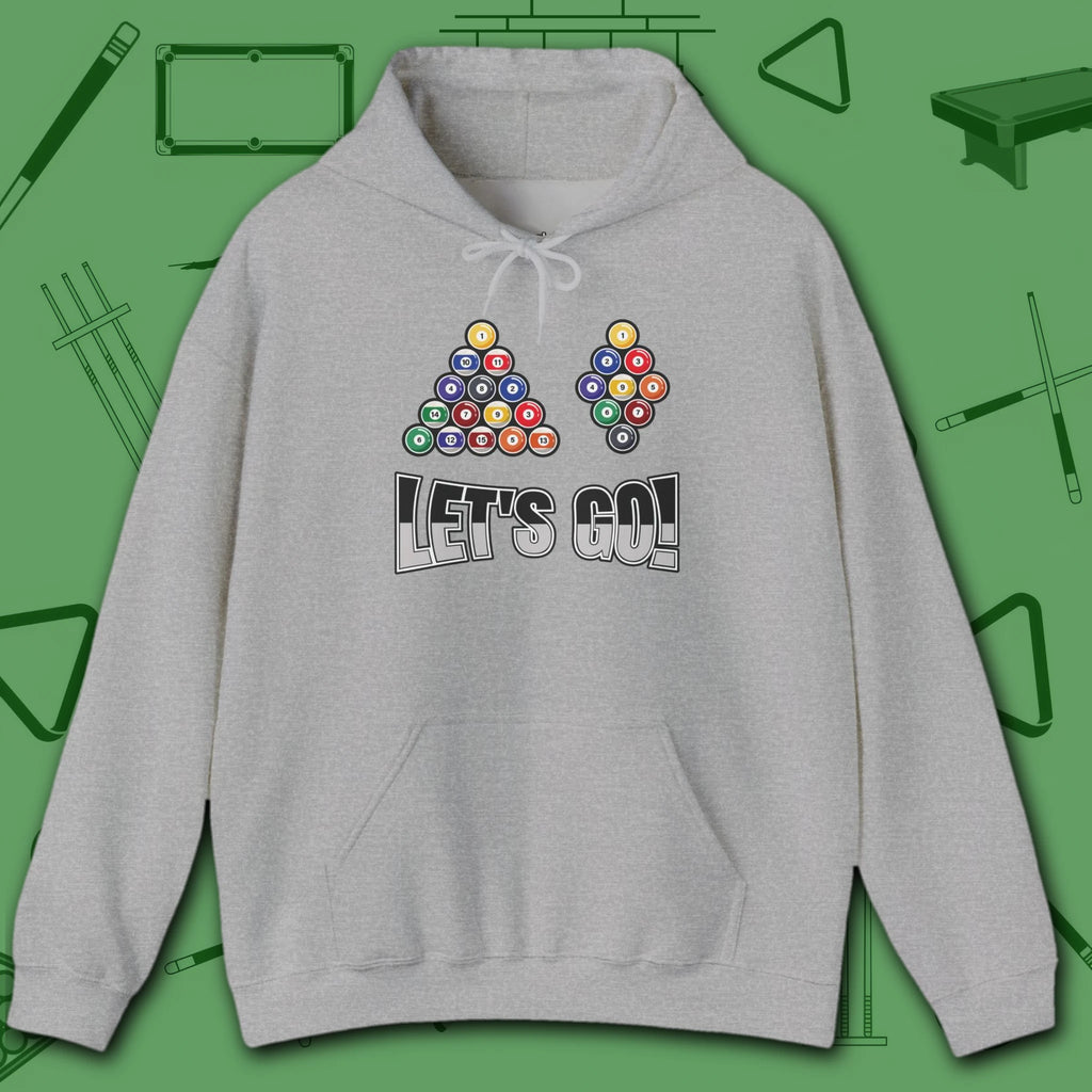 Racked and Ready Let's Go Hoodie, in Sport Grey color, billiards hoodie, front view