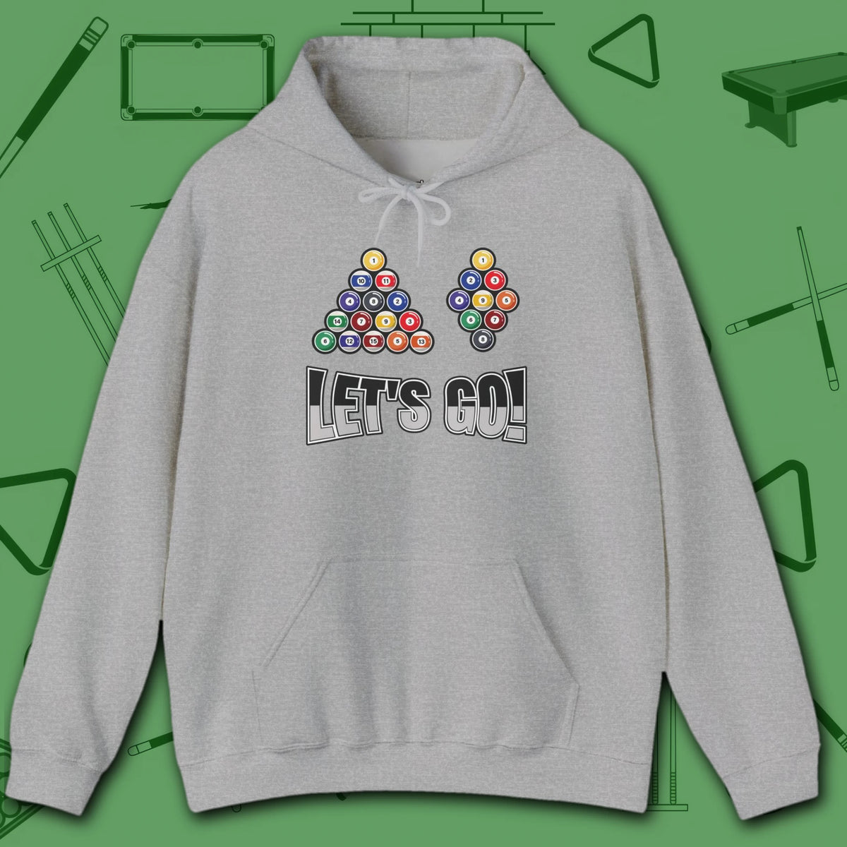 Racked and Ready Let's Go Hoodie, in Sport Grey color, billiards hoodie, front view