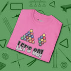 Racked and Ready Let's Go T-Shirt, in Azalea color, billiards shirt, folded view