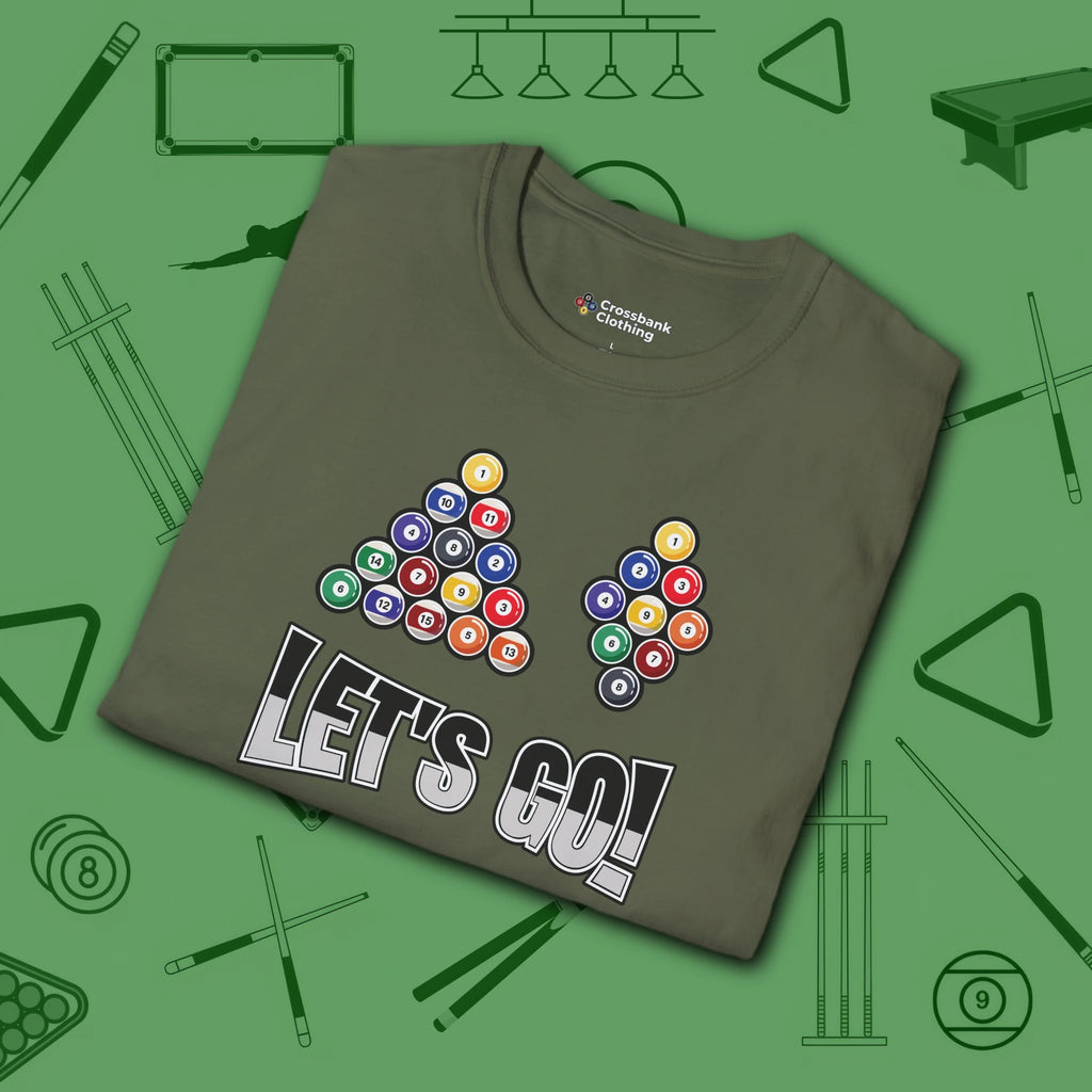 Racked and Ready Let's Go T-Shirt, in Military Green color, billiards shirt, folded view