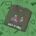 Racked and Ready Let's Go T-Shirt, in Military Green color, billiards shirt, folded view