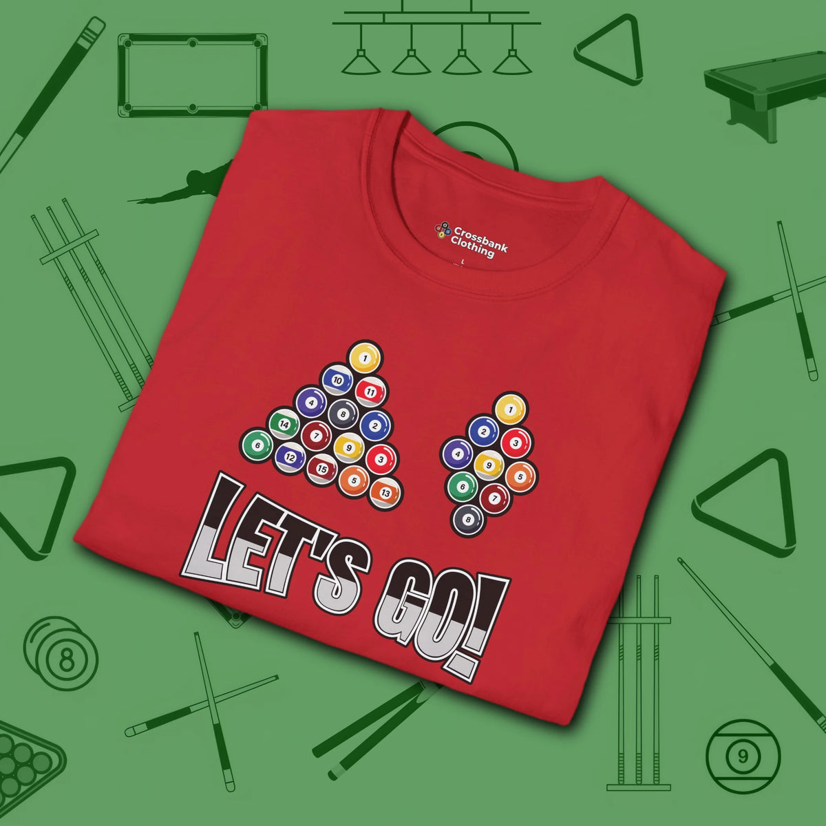 Racked and Ready Let's Go T-Shirt, in Red color, billiards shirt, folded view