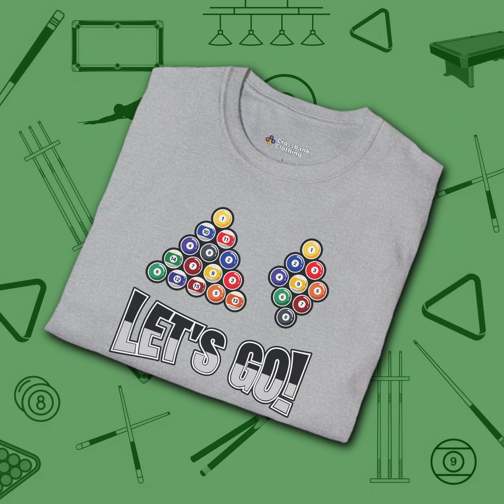 Racked and Ready Let's Go T-Shirt, in Sport Grey color, billiards shirt, folded view