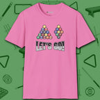 Racked and Ready Let's Go T-Shirt, in Azalea color, billiards shirt, front view
