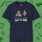 Racked and Ready Let's Go T-Shirt, in Navy color, billiards shirt, front view
