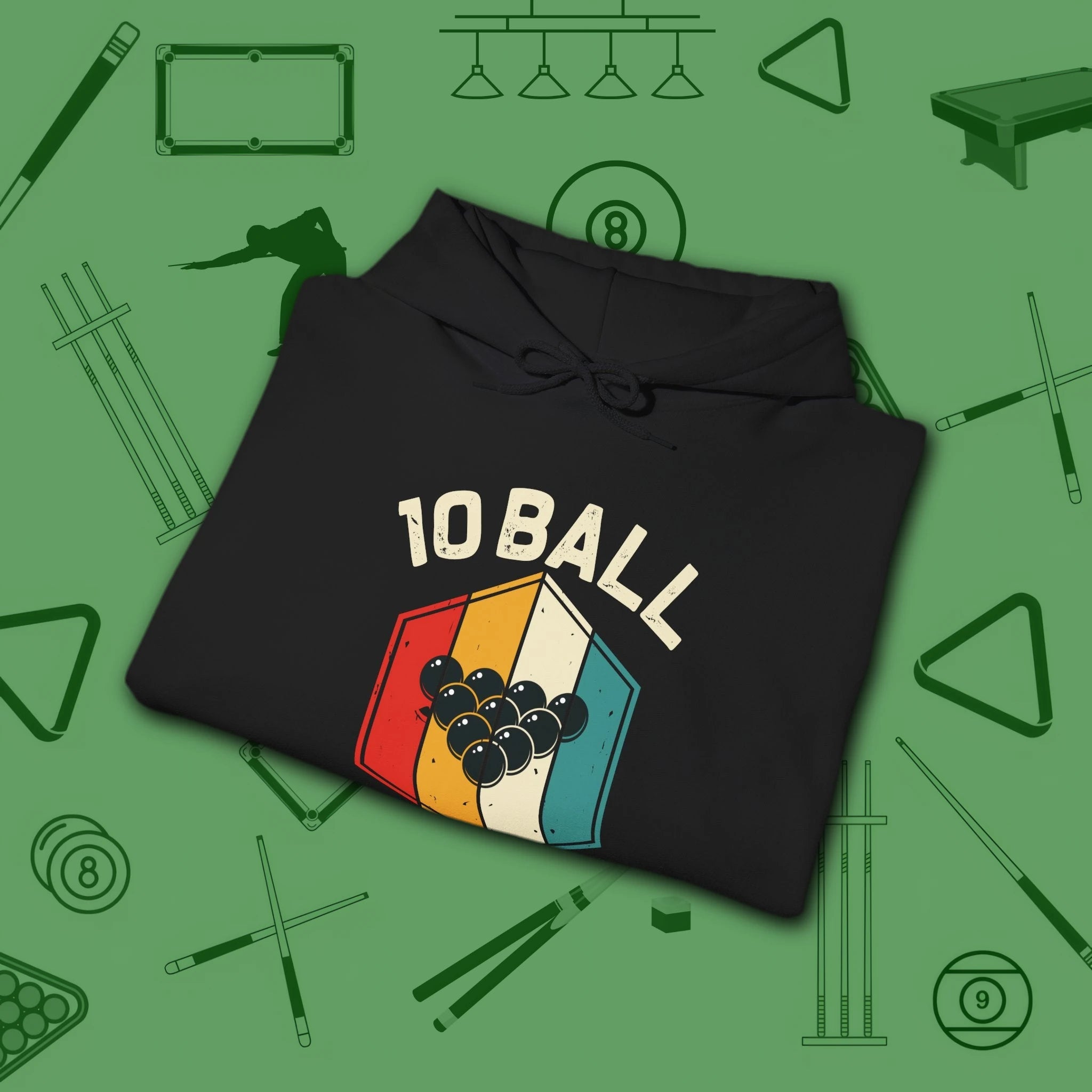 Retro Vibes Hoodie, in Black color, billiards shirt, folded view
