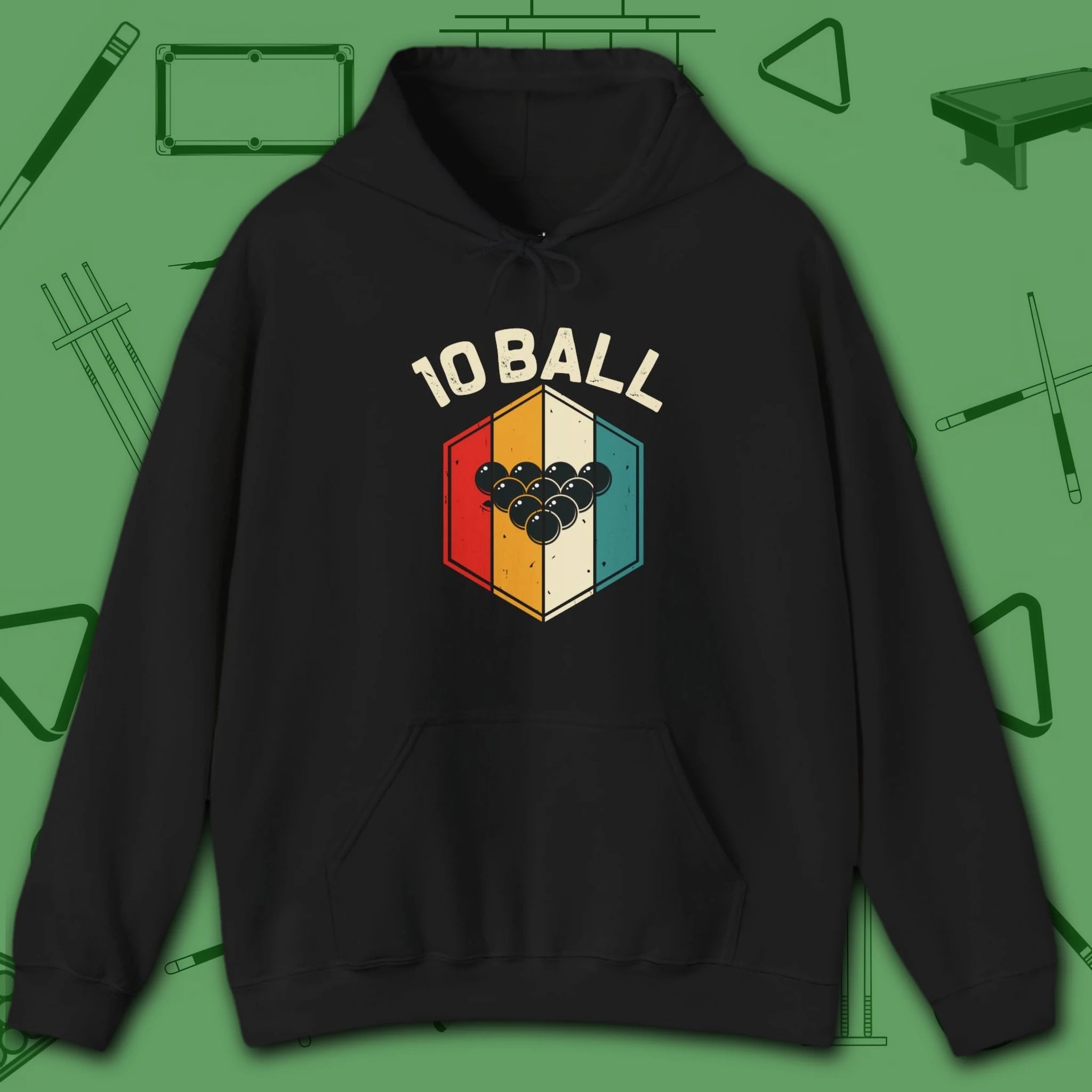 Retro Vibes Hoodie, in Black color, billiards shirt, front view