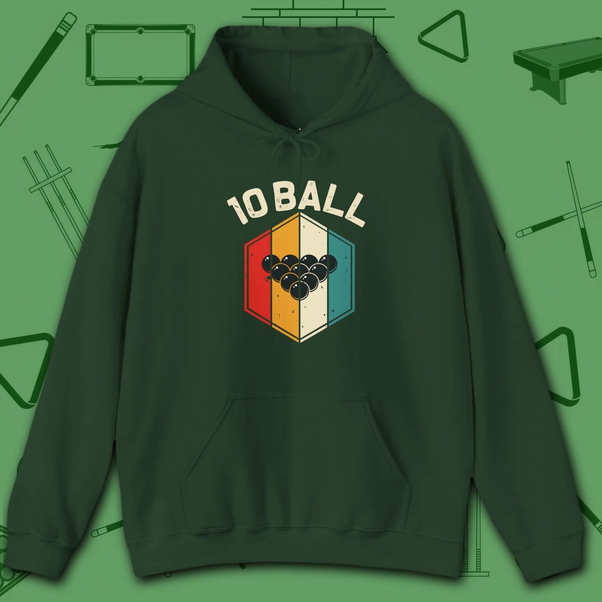 Retro Vibes Hoodie, in Forest Green color, billiards shirt, front view