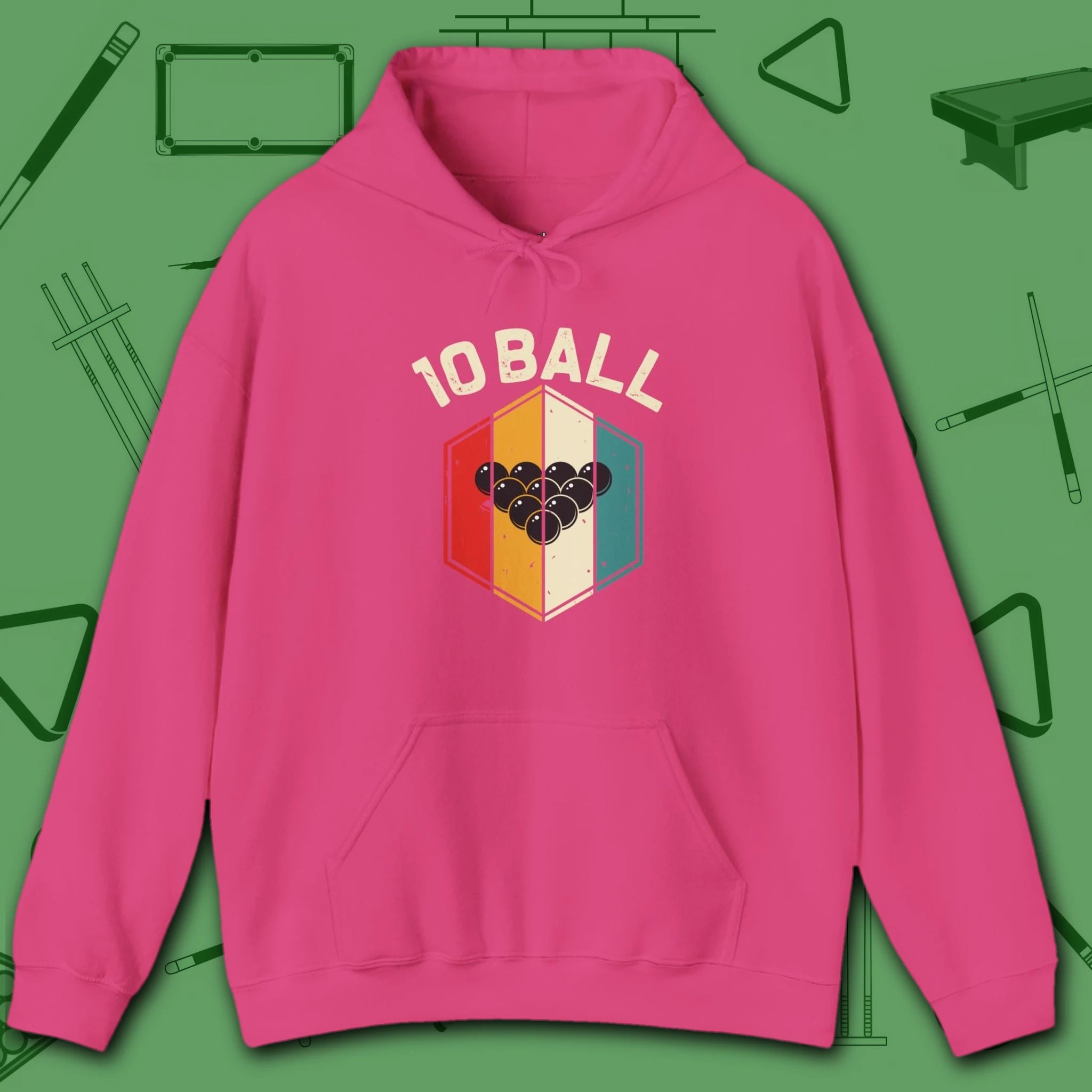 Retro Vibes Hoodie, in Heliconia color, billiards shirt, front view