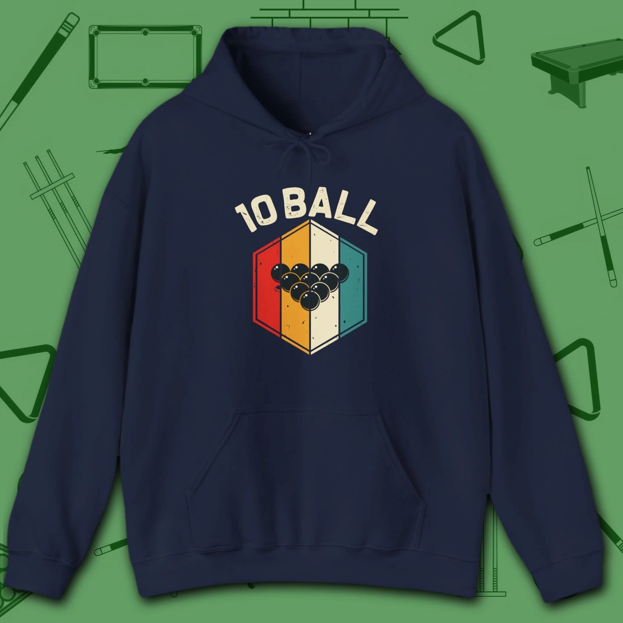 Retro Vibes Hoodie, in Navy color, billiards shirt, front view