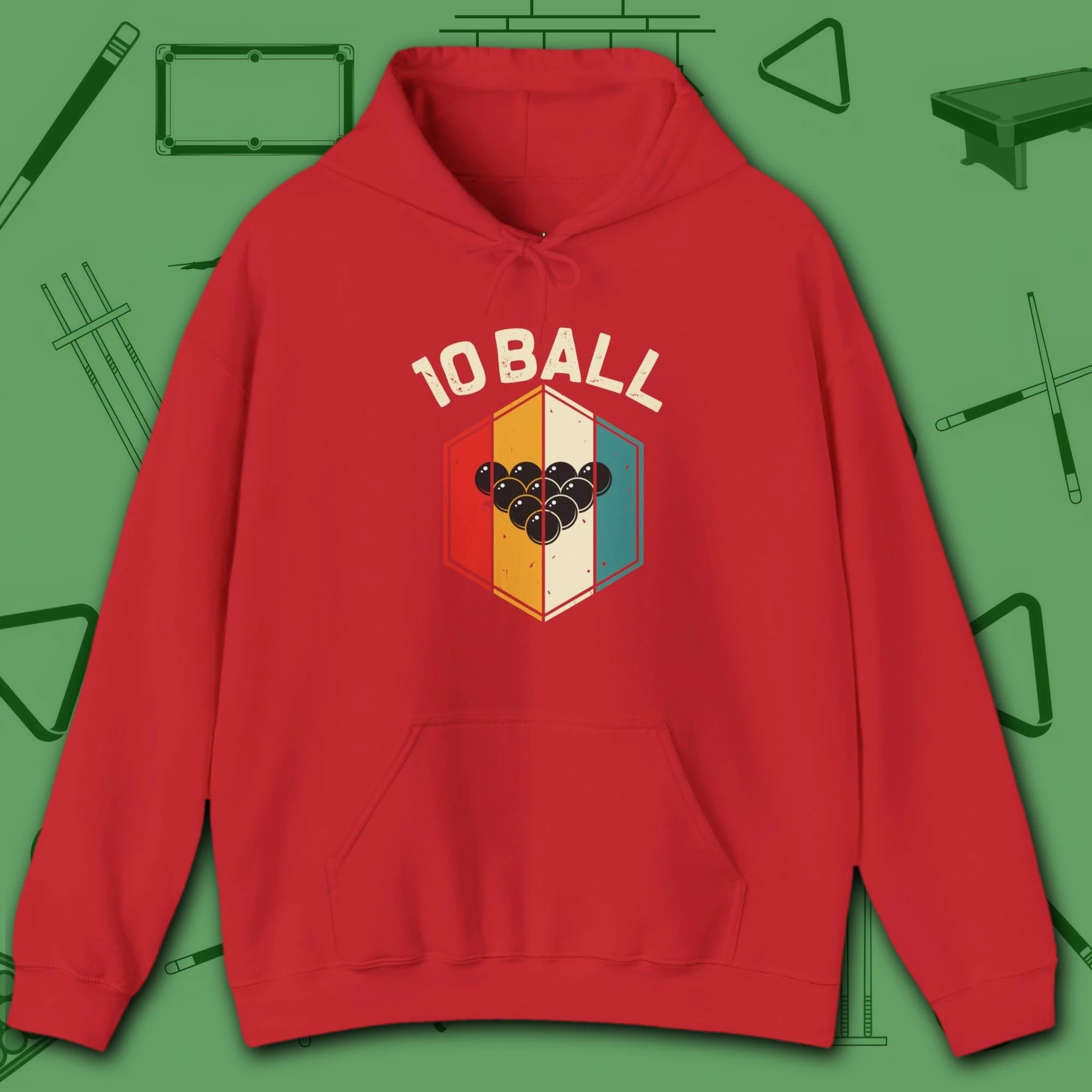 Retro Vibes Hoodie, in Red color, billiards shirt, front view
