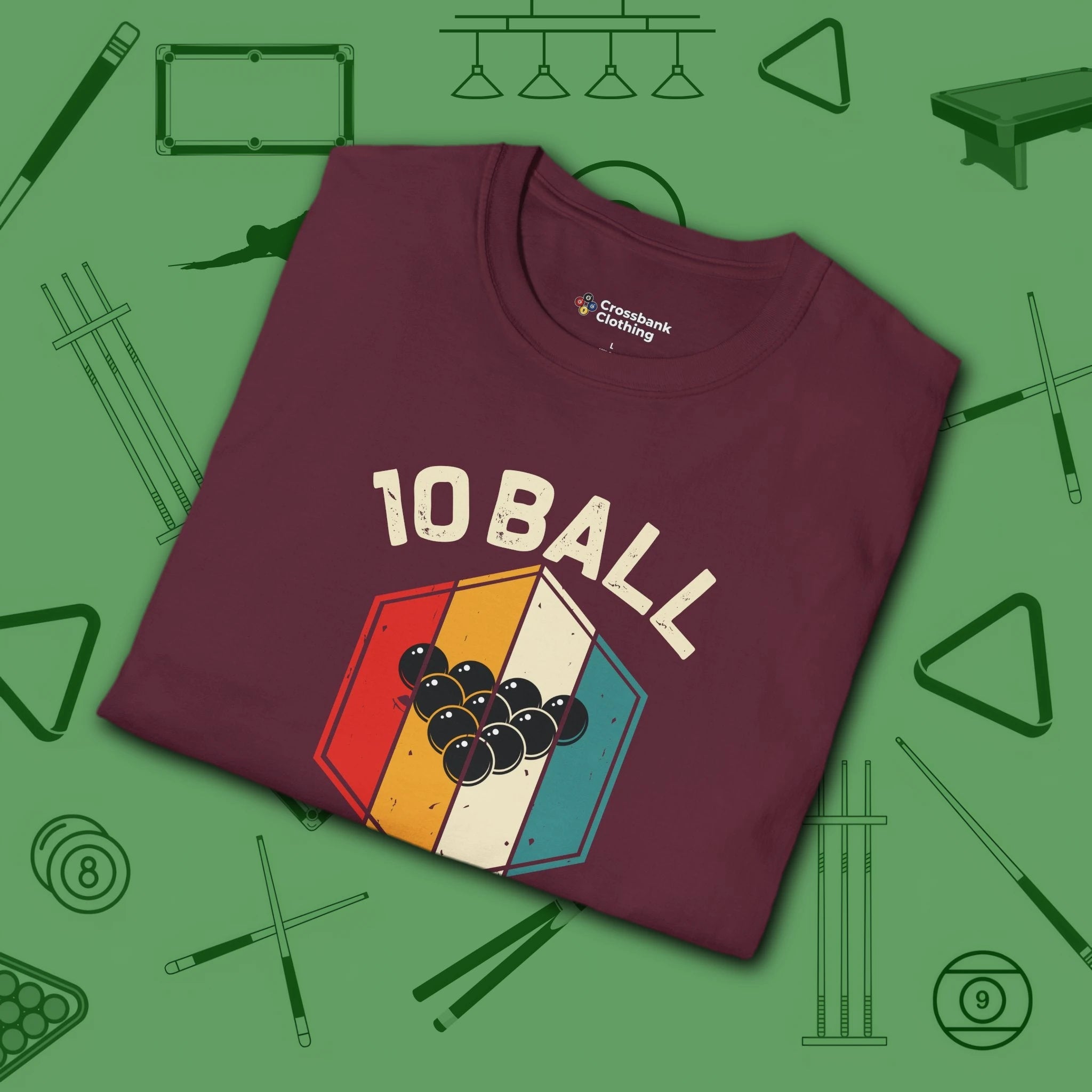 Retro Vibes T-Shirt, in Maroon color, billiards shirt, folded view