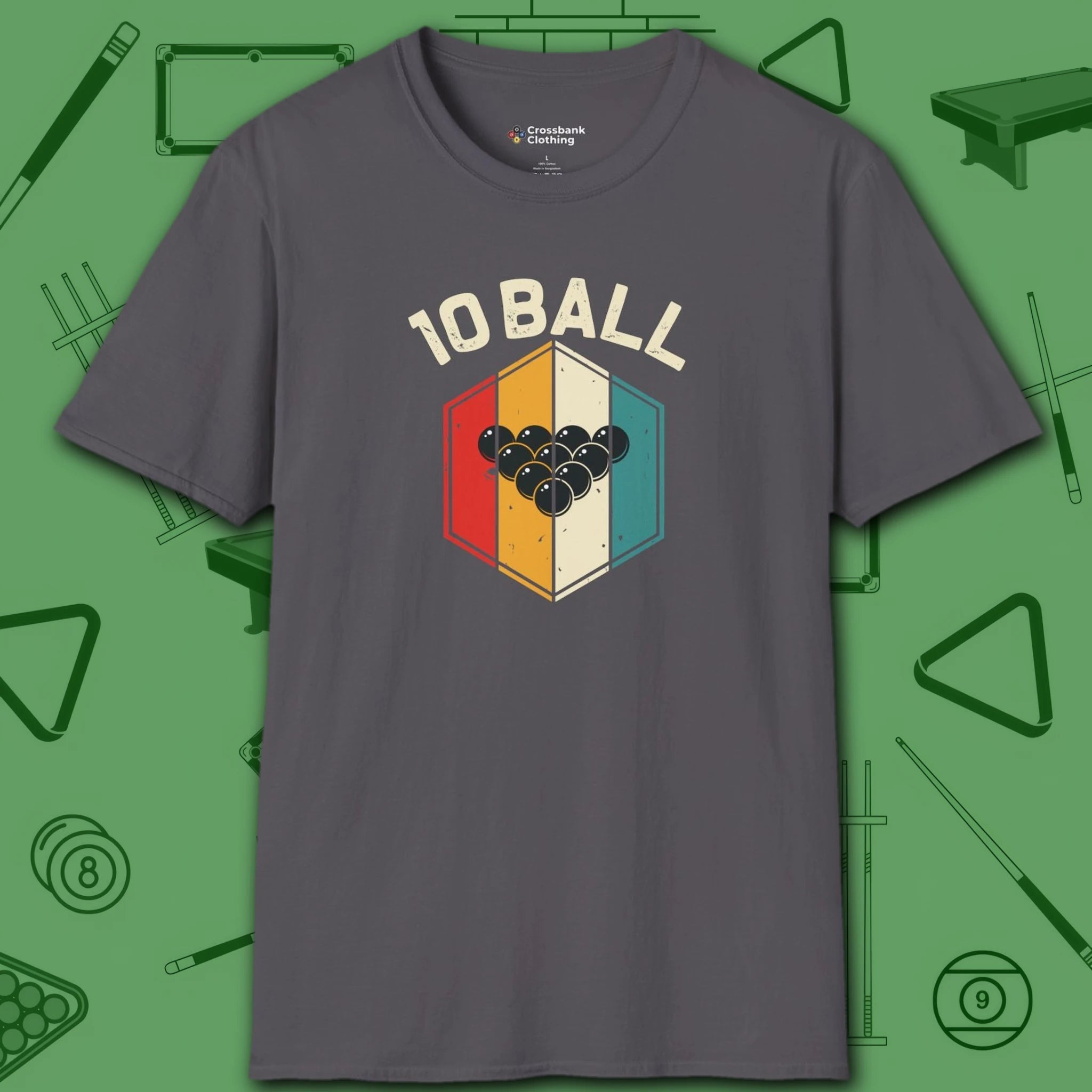 Retro Vibes T-Shirt, in Charcoal color, billiards shirt, front view