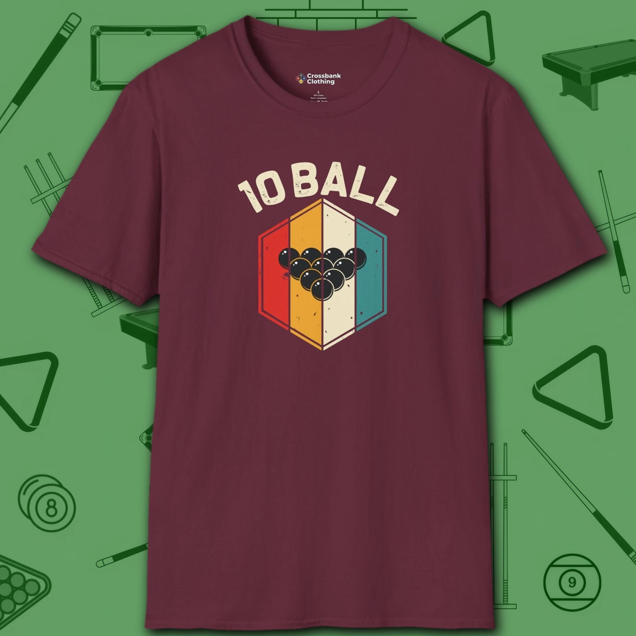 Retro Vibes T-Shirt, in Maroon color, billiards shirt, front view