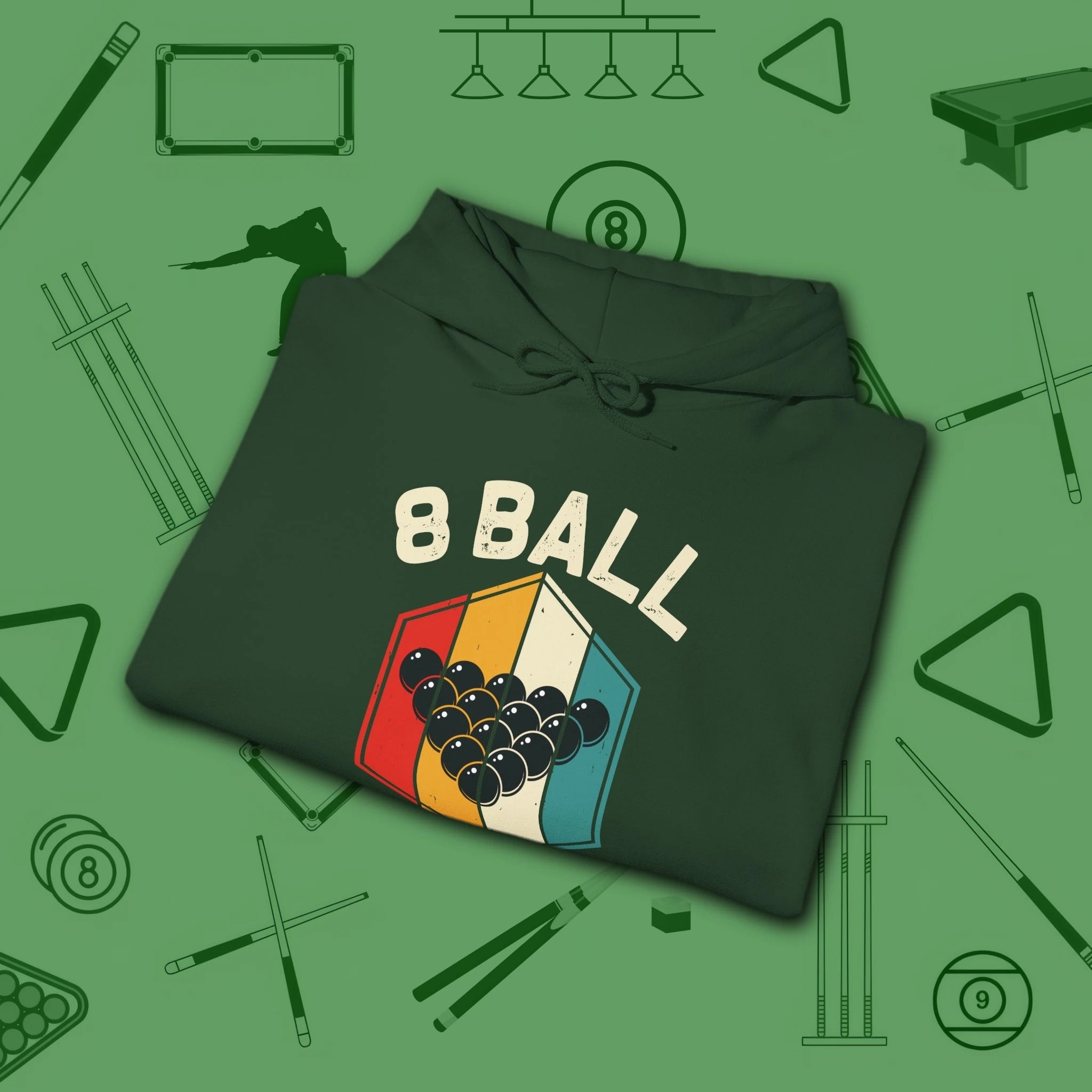 Retro Vibes Hoodie, in Forest Green color, billiards shirt, folded view