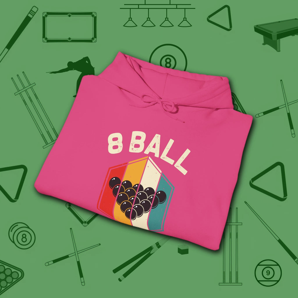 Retro Vibes Hoodie, in Heliconia color, billiards shirt, folded view