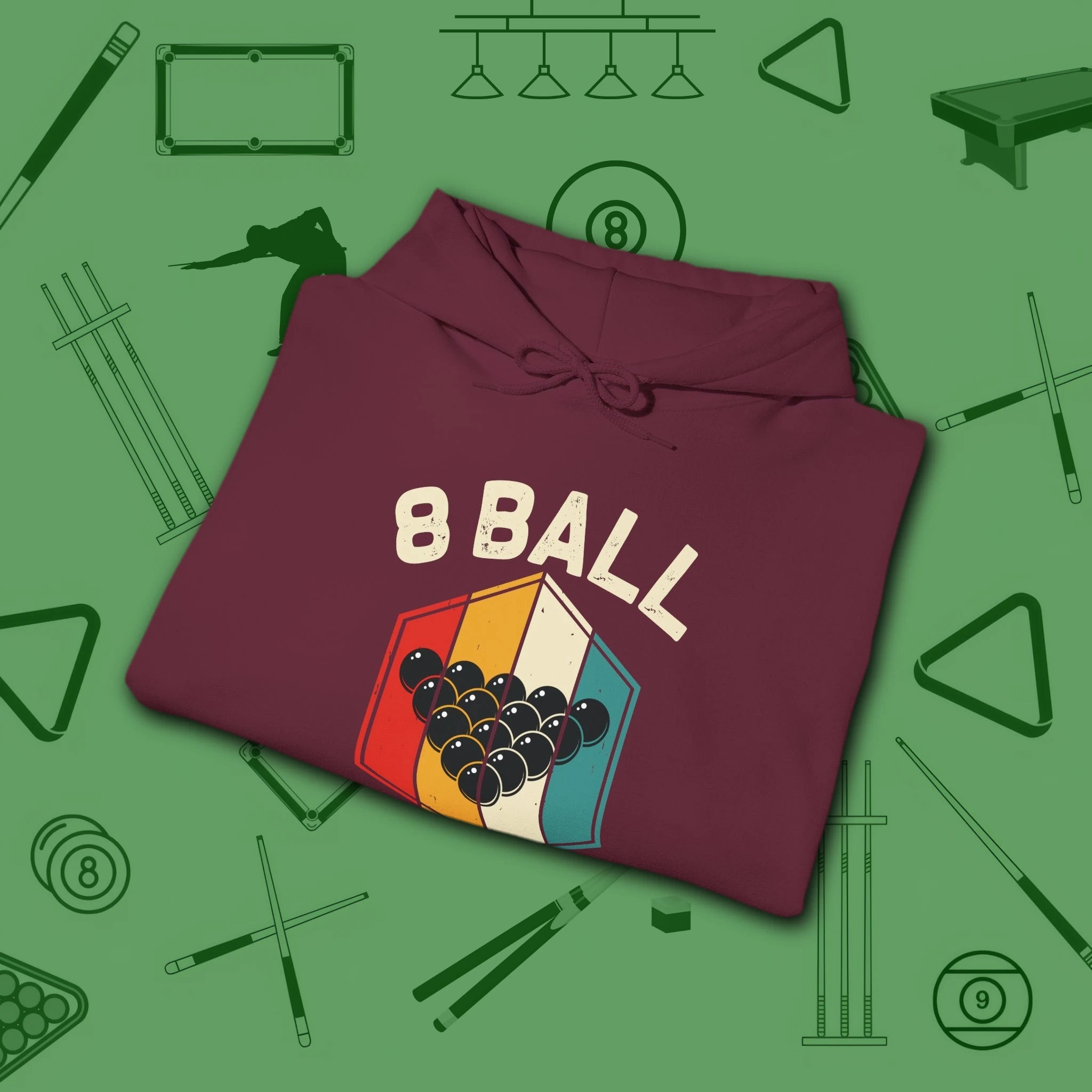 Retro Vibes Hoodie, in Maroon color, billiards shirt, folded view