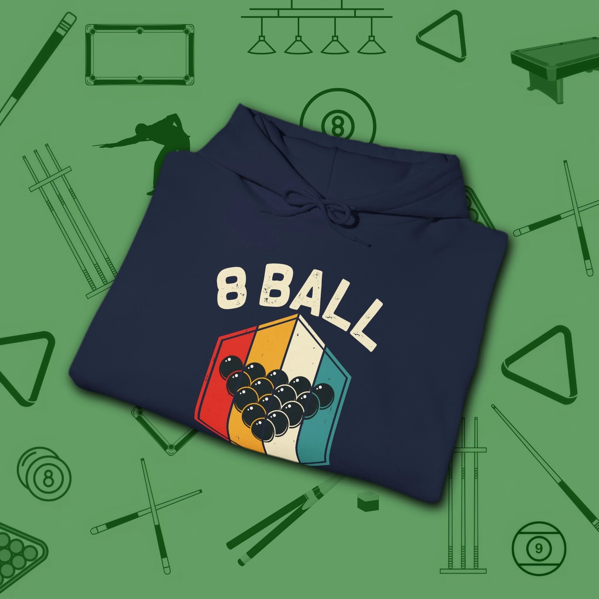 Retro Vibes Hoodie, in Navy color, billiards shirt, folded view