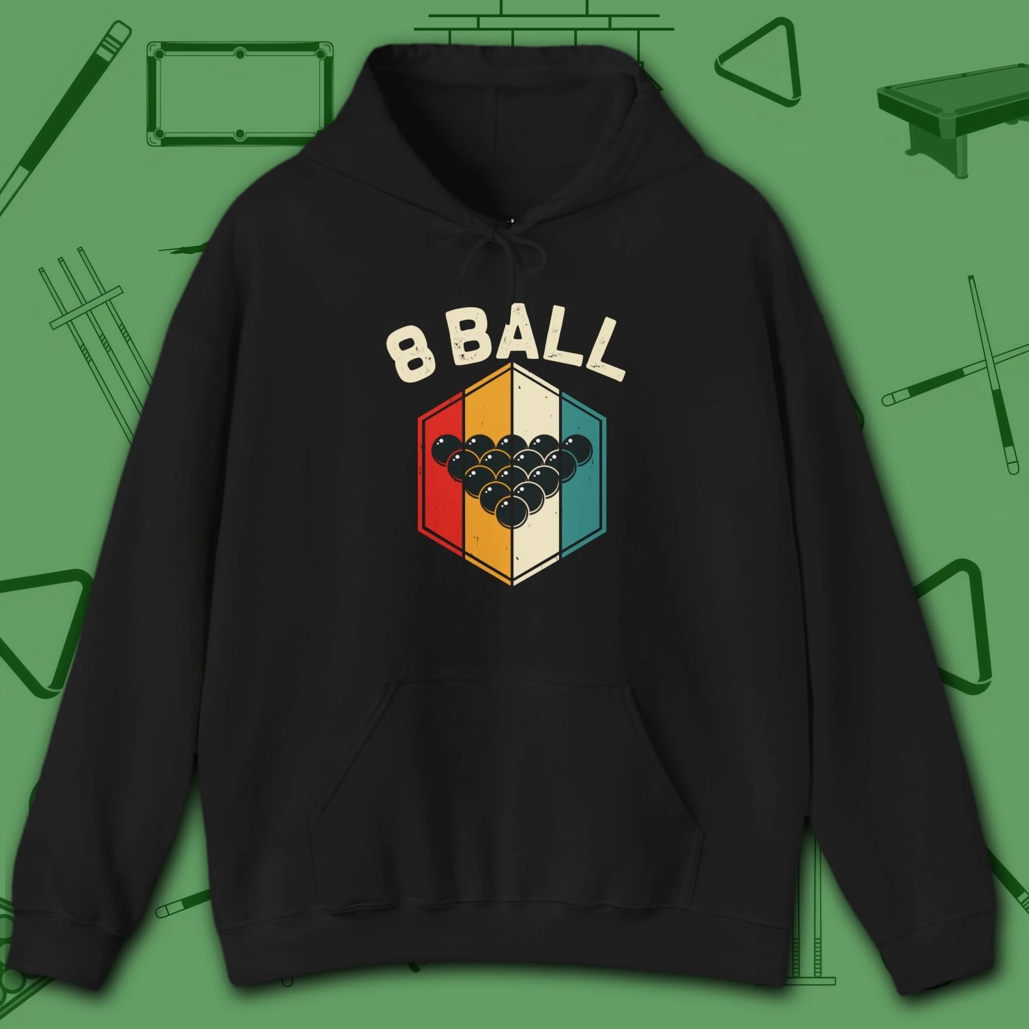 Retro Vibes Hoodie, in Black color, billiards shirt, front view