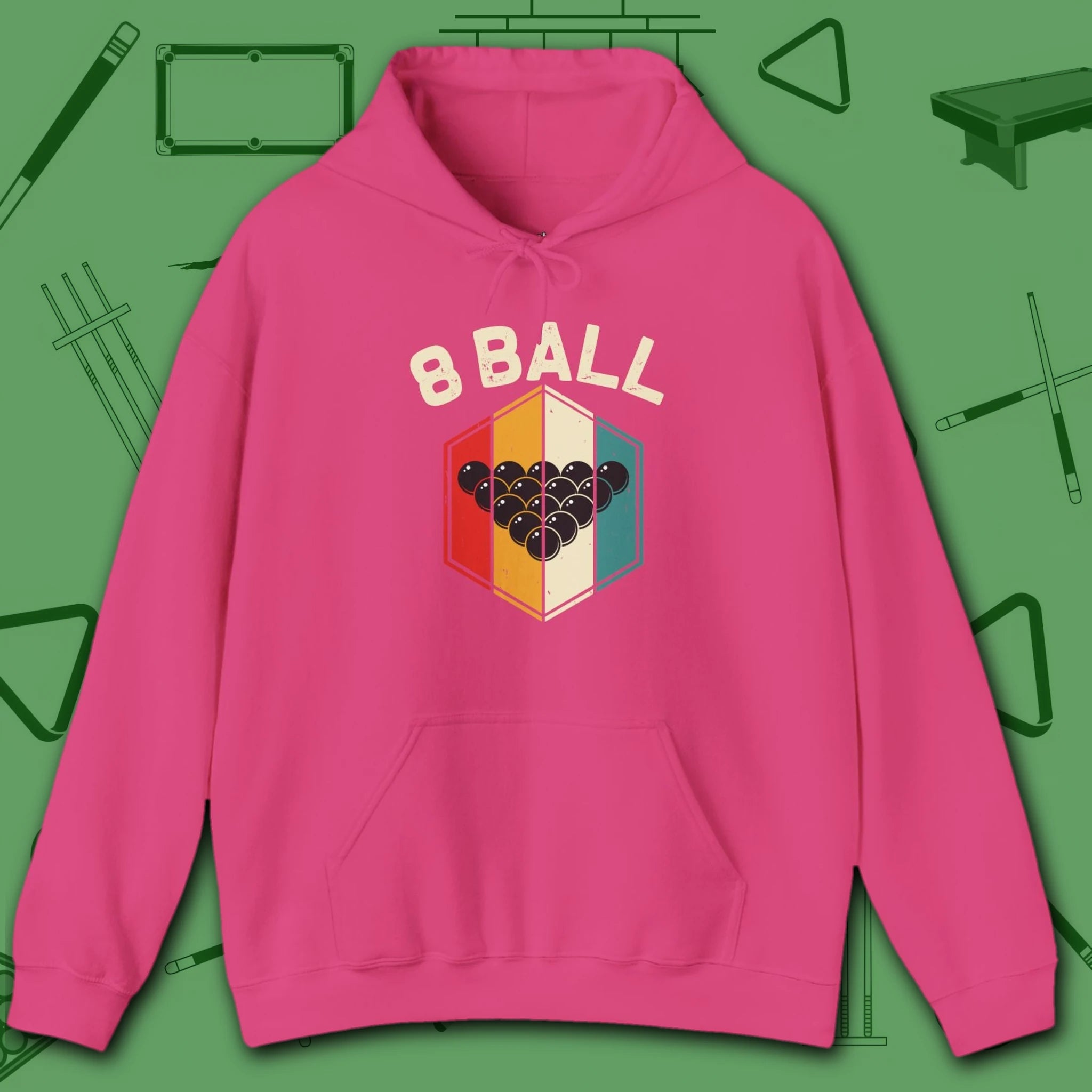 Retro Vibes Hoodie, in Heliconia color, billiards shirt, front view