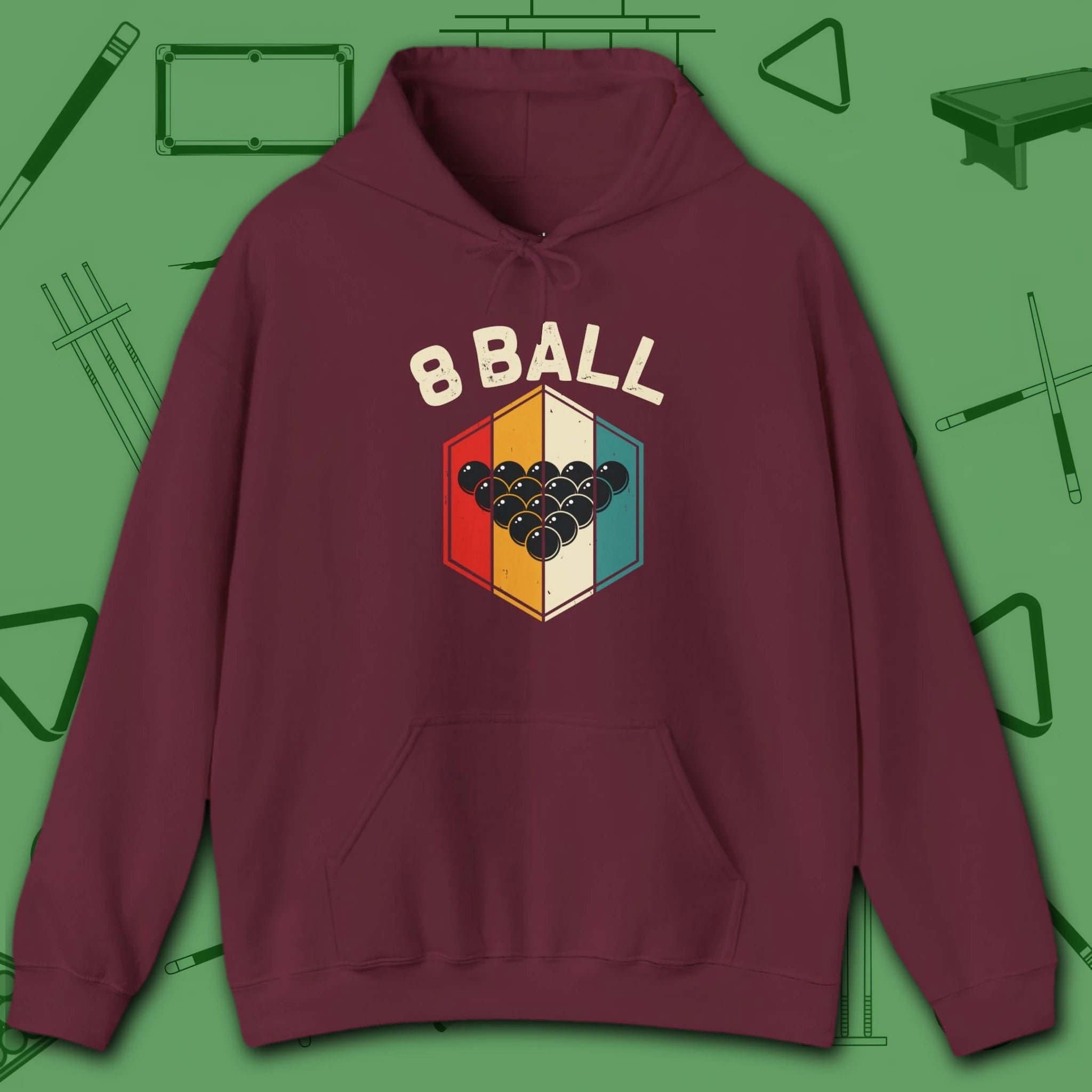 Retro Vibes Hoodie, in Maroon color, billiards shirt, front view