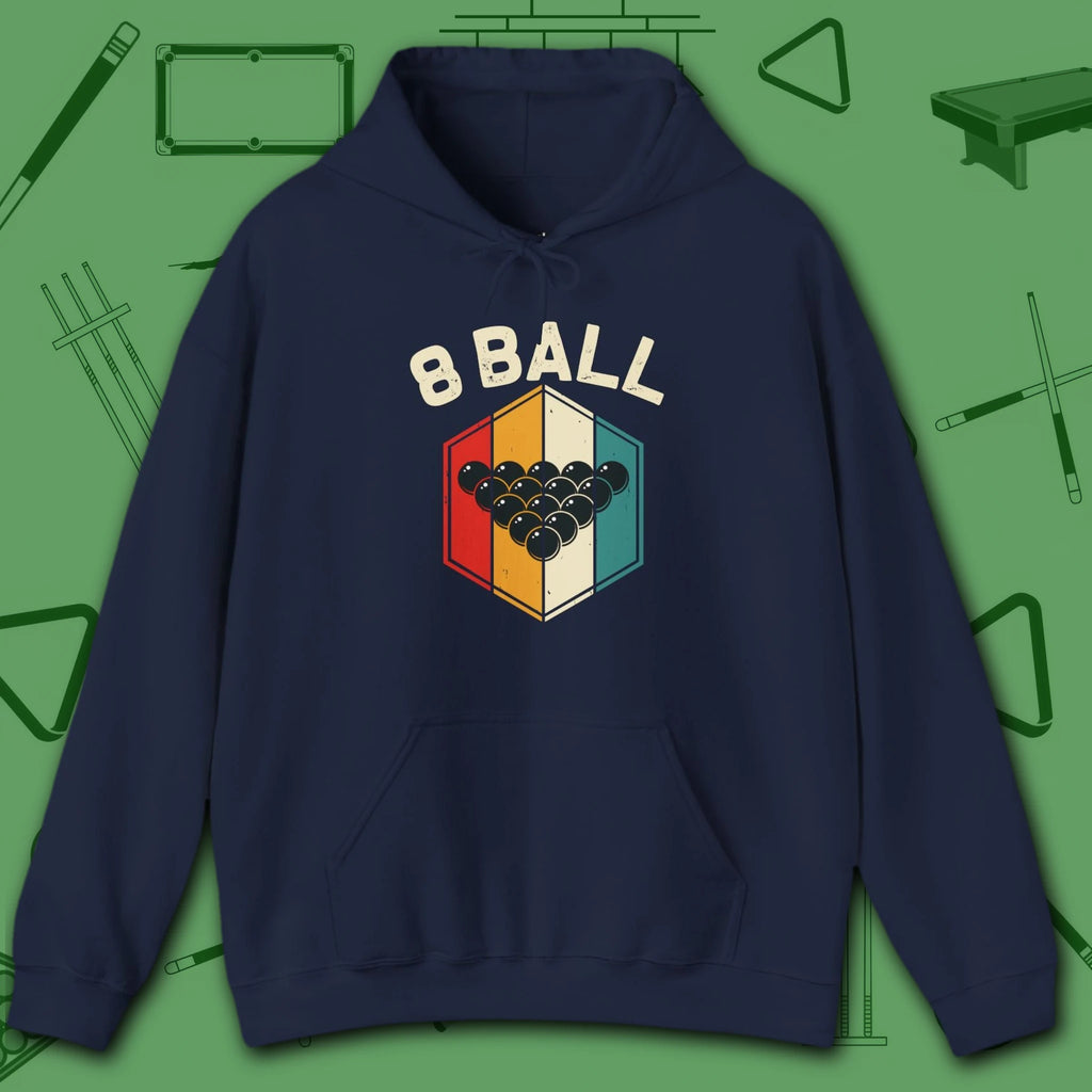 Retro Vibes Hoodie, in Navy color, billiards shirt, front view