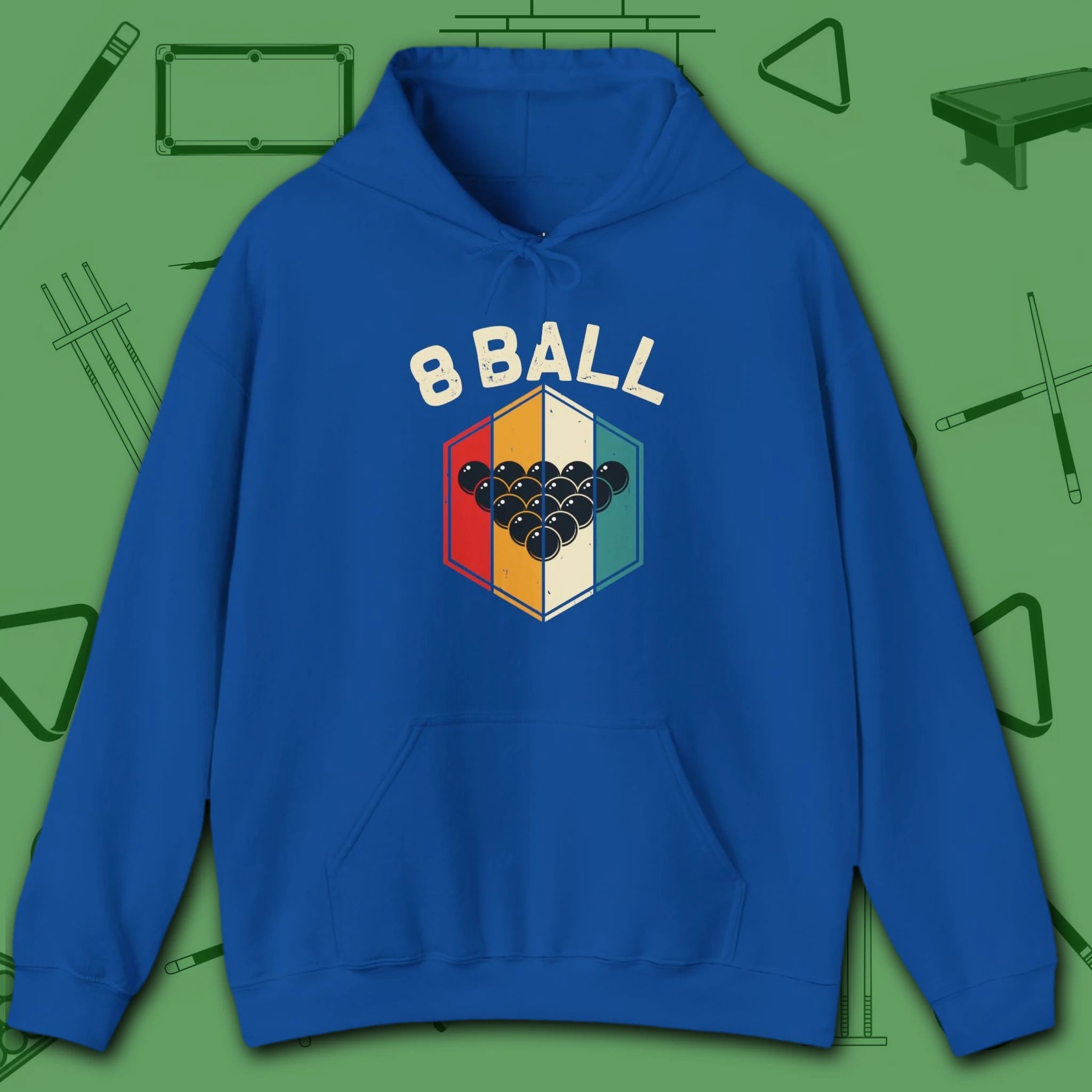 Retro Vibes Hoodie, in Royal color, billiards shirt, front view