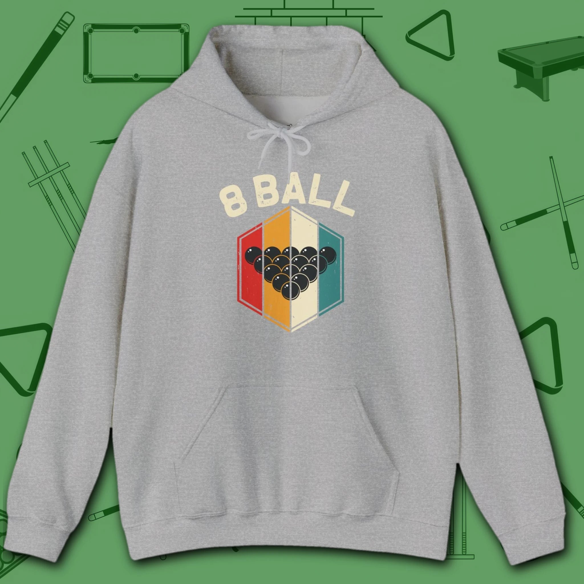 Retro Vibes Hoodie, in Sport Grey color, billiards shirt, front view