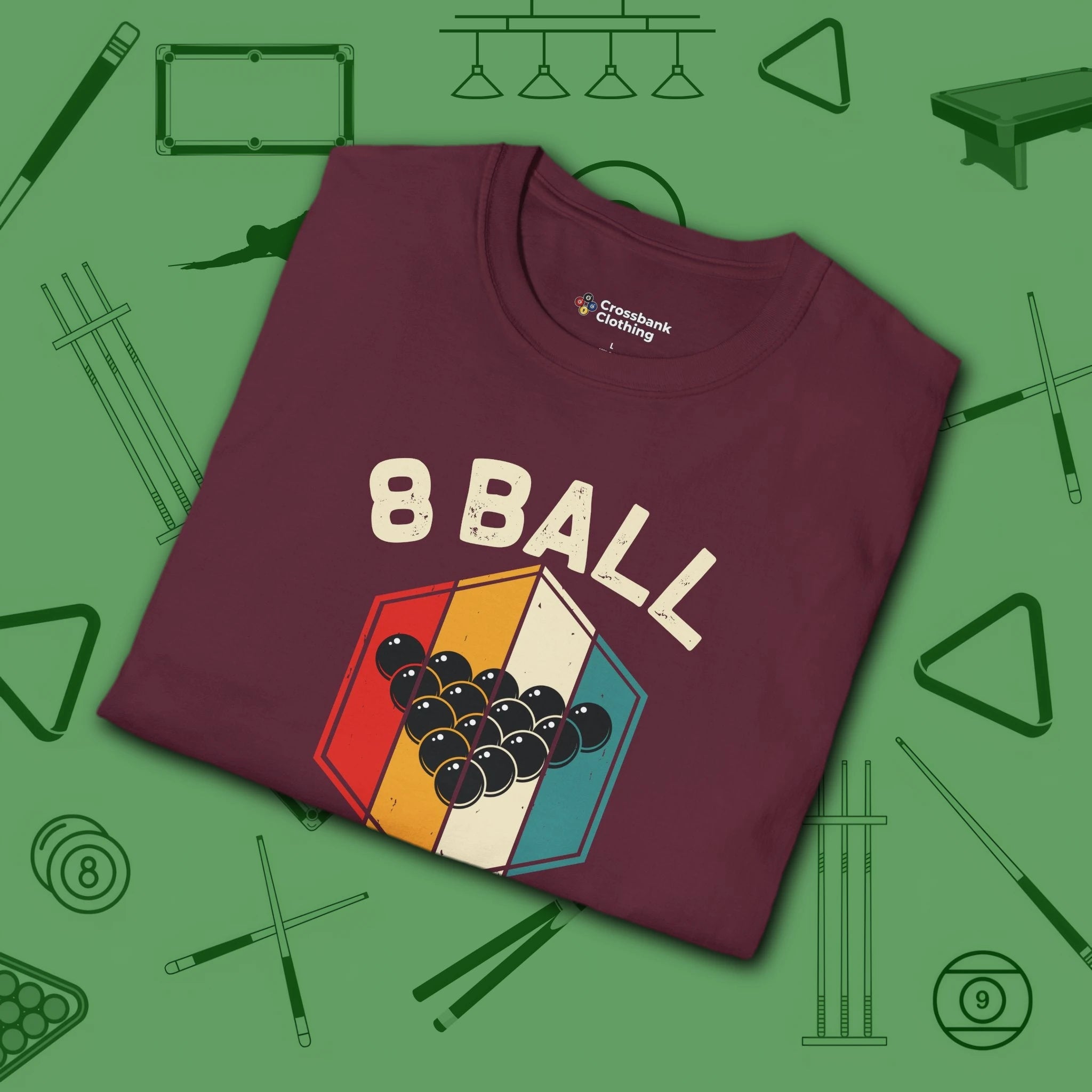 Retro Vibes T-Shirt, in Maroon color, billiards shirt, folded view