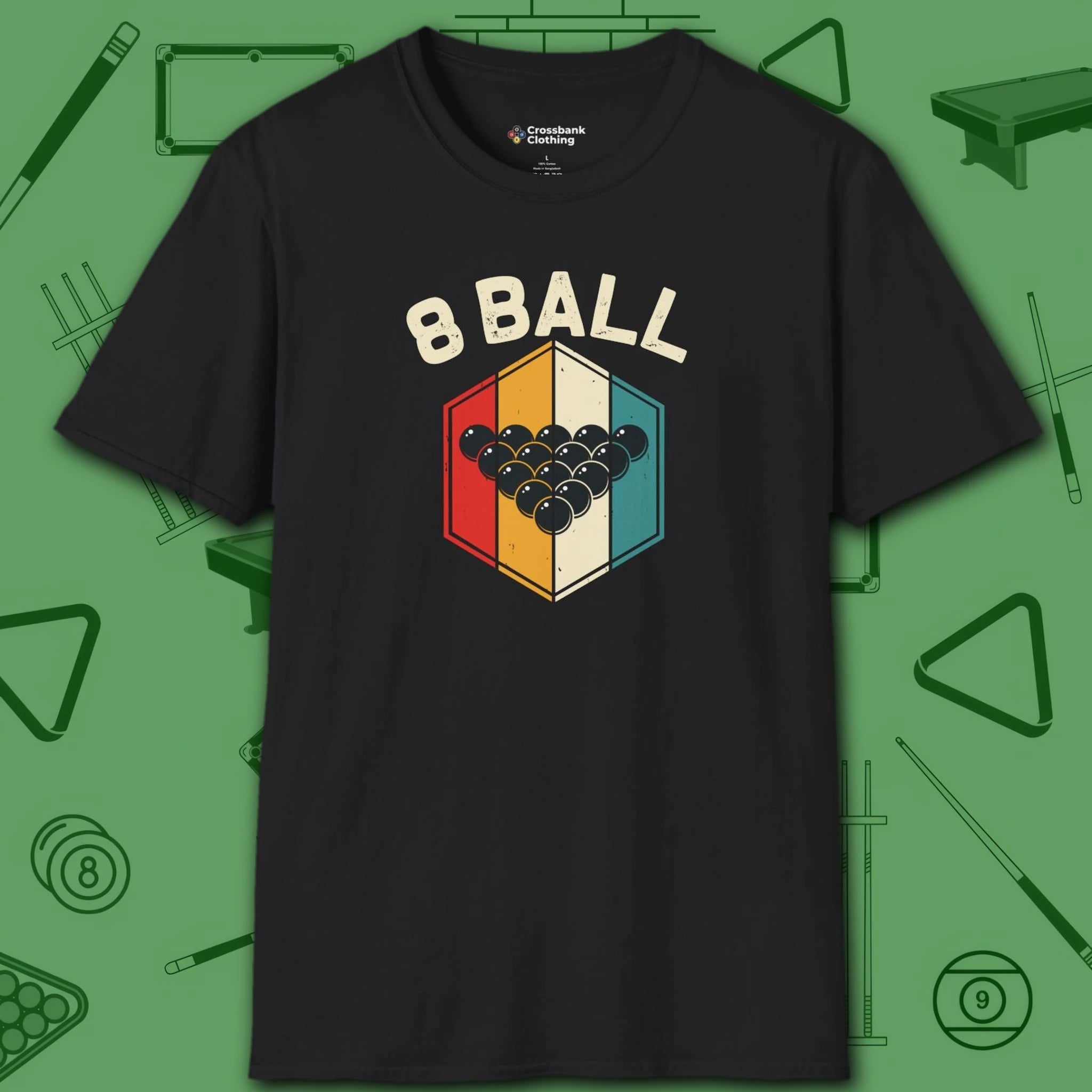 Retro Vibes T-Shirt, in Black color, billiards shirt, front view
