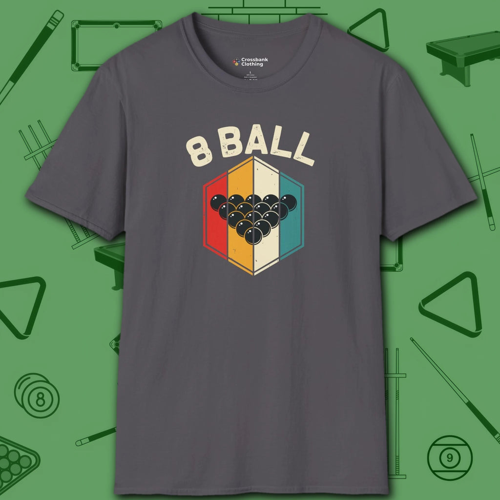 Retro Vibes T-Shirt, in Charcoal color, billiards shirt, front view