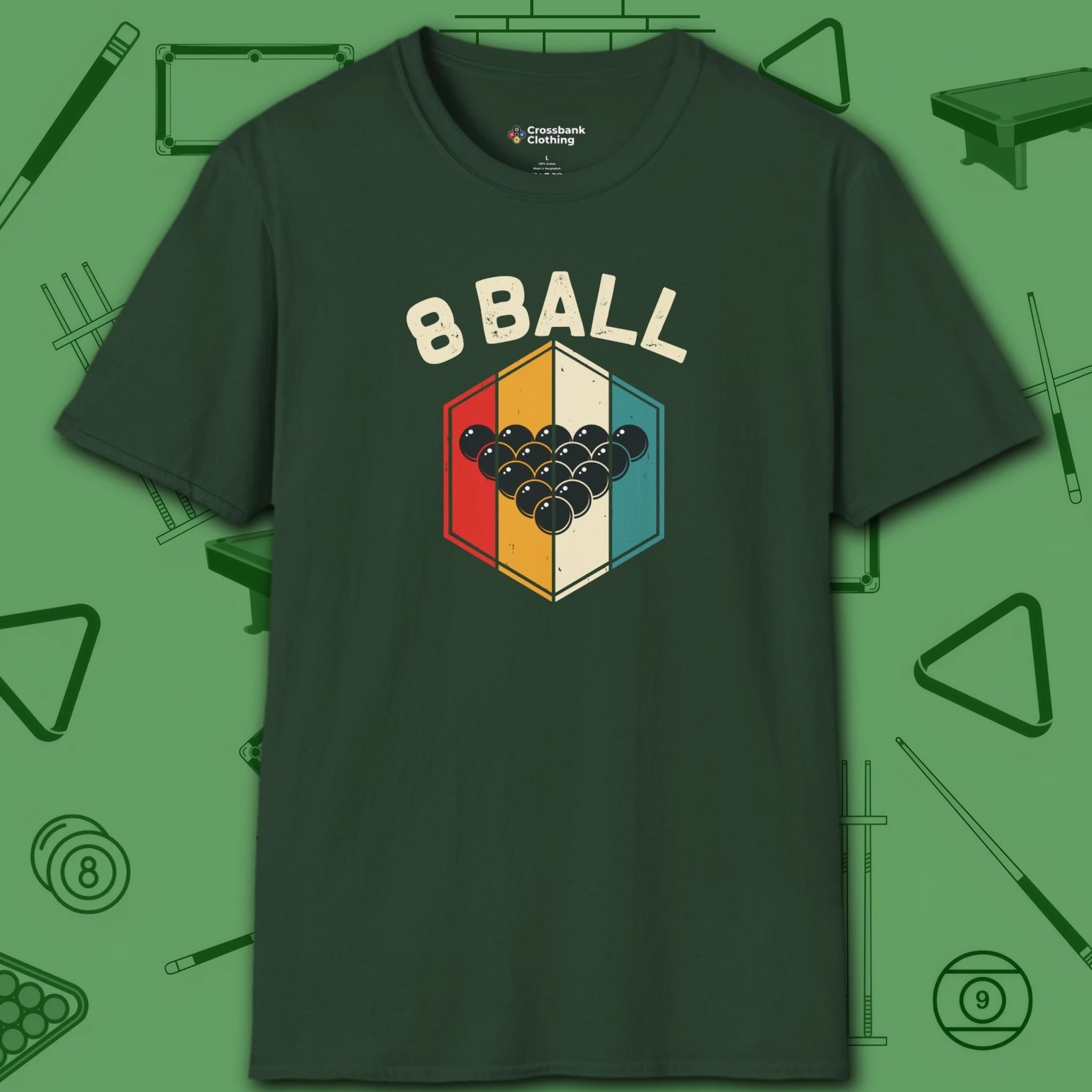 Retro Vibes T-Shirt, in Forest Green color, billiards shirt, front view