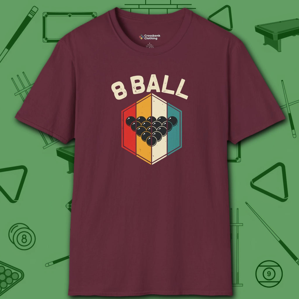 Retro Vibes T-Shirt, in Maroon color, billiards shirt, front view