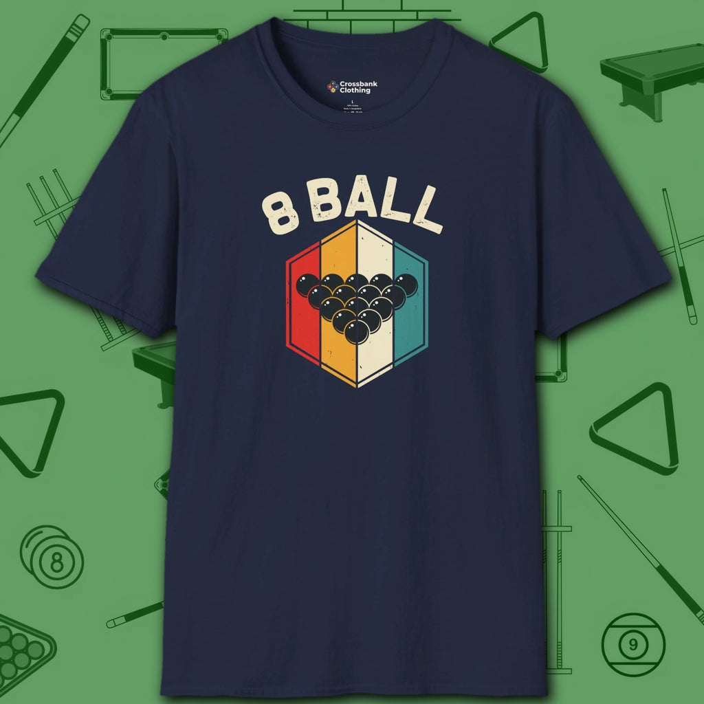 Retro Vibes T-Shirt, in Navy color, billiards shirt, front view
