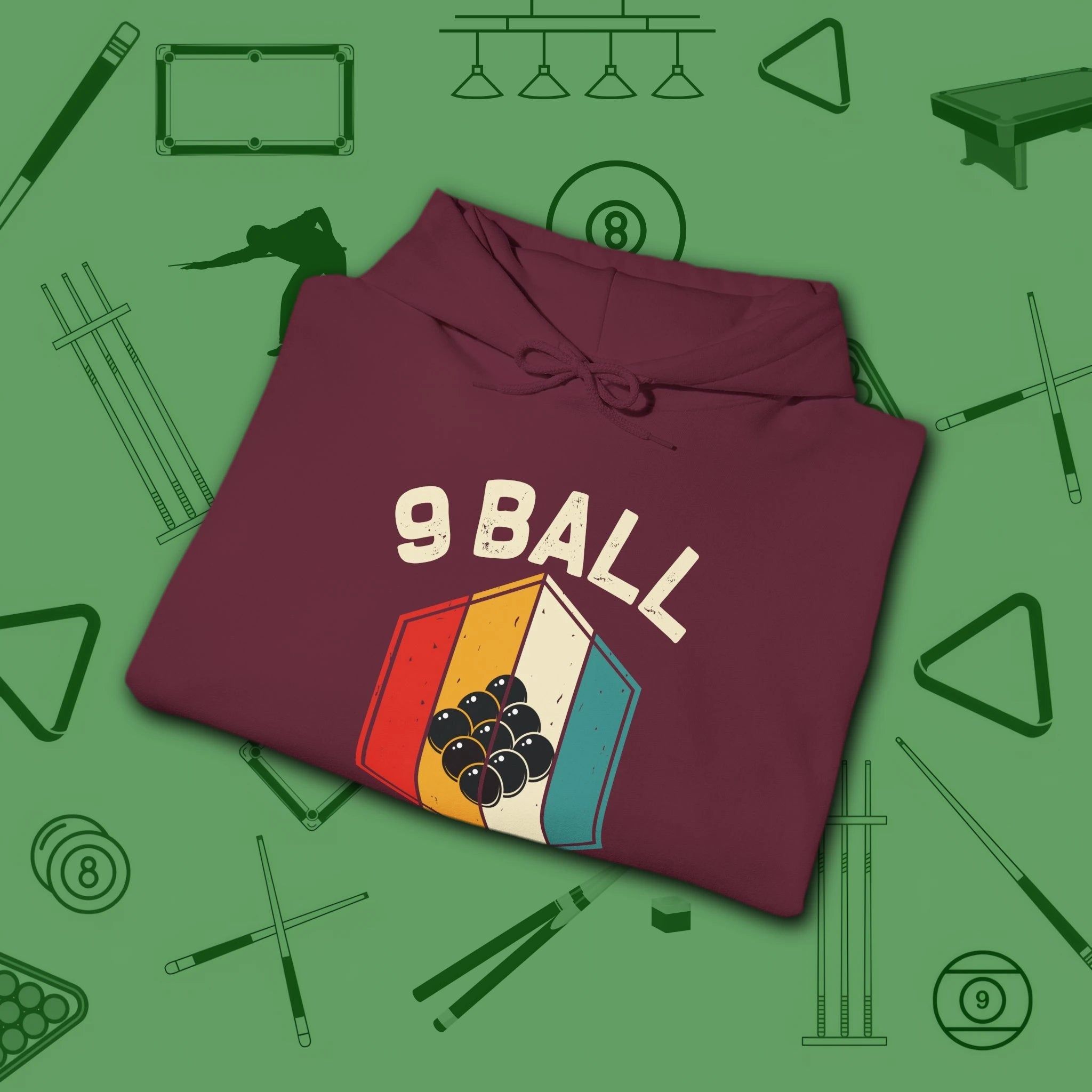 Retro Vibes Hoodie, in Maroon color, billiards shirt, folded view