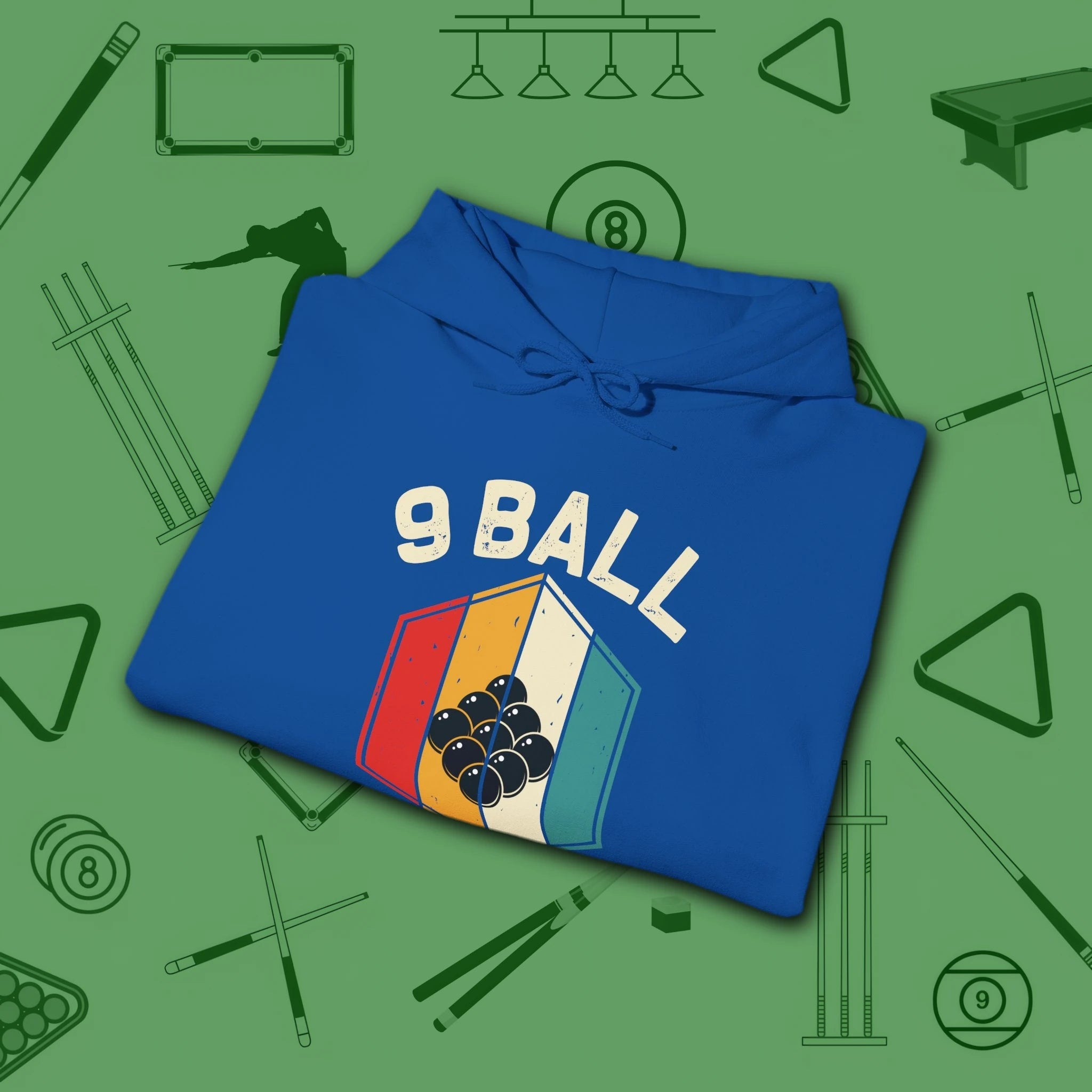 Retro Vibes Hoodie, in Royal color, billiards shirt, folded view