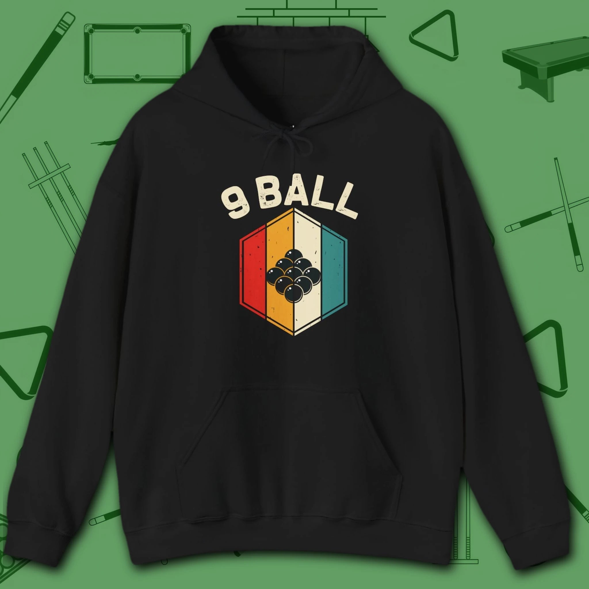 Retro Vibes Hoodie, in Black color, billiards shirt, front view
