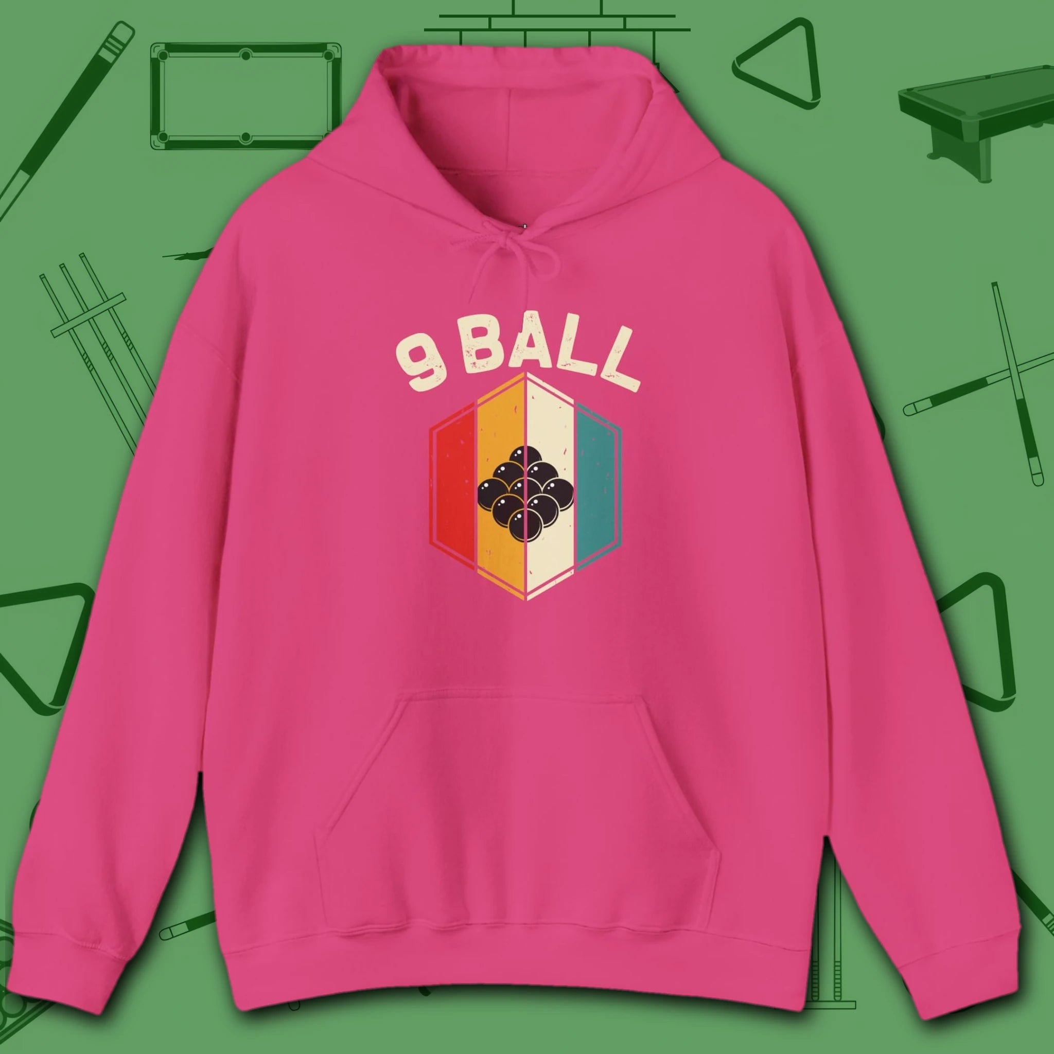Retro Vibes Hoodie, in Heliconia color, billiards shirt, front view