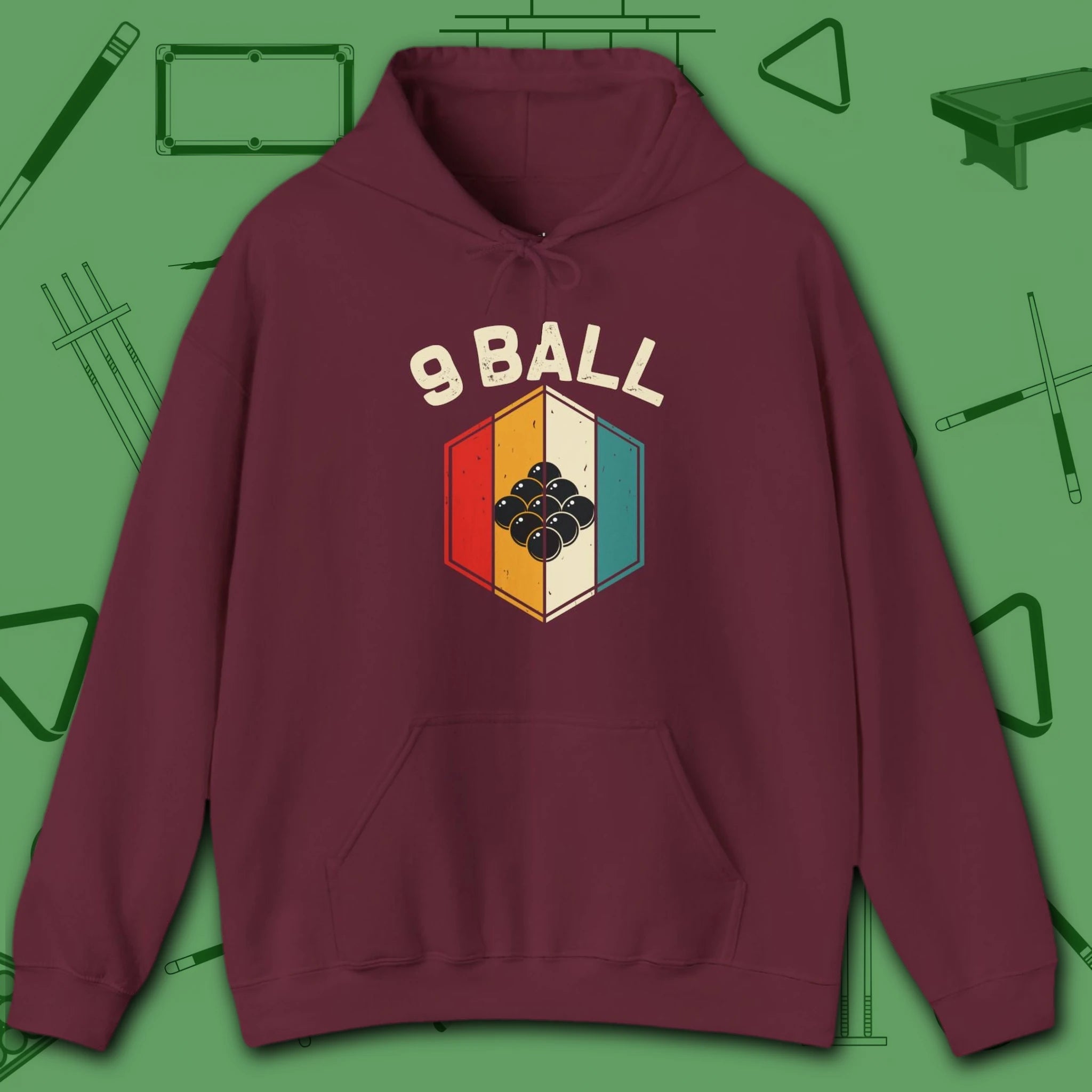Retro Vibes Hoodie, in Maroon color, billiards shirt, front view