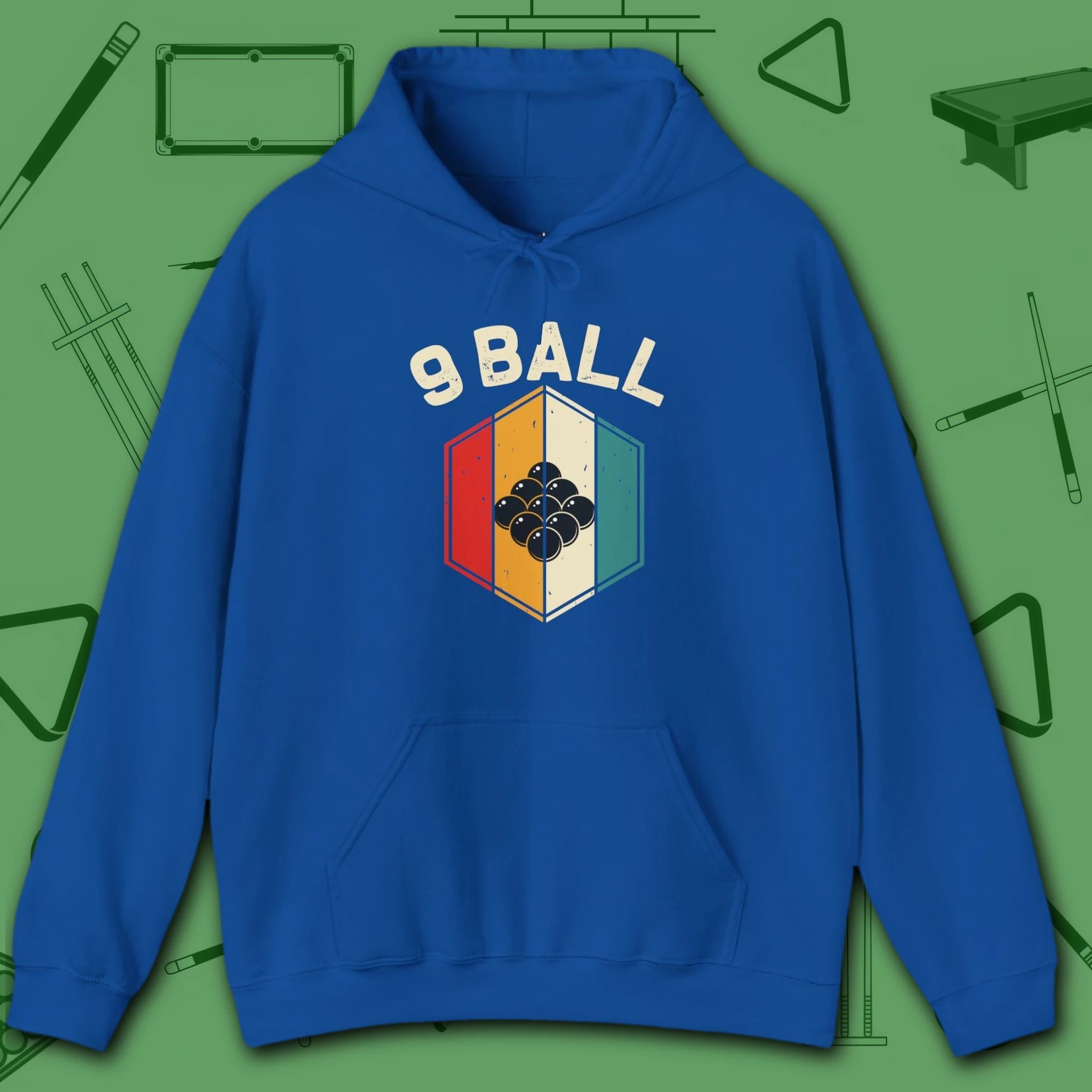 Retro Vibes Hoodie, in Royal color, billiards shirt, front view