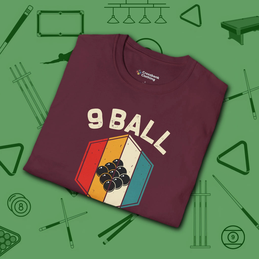 Retro Vibes T-Shirt, in Maroon color, billiards shirt, folded view