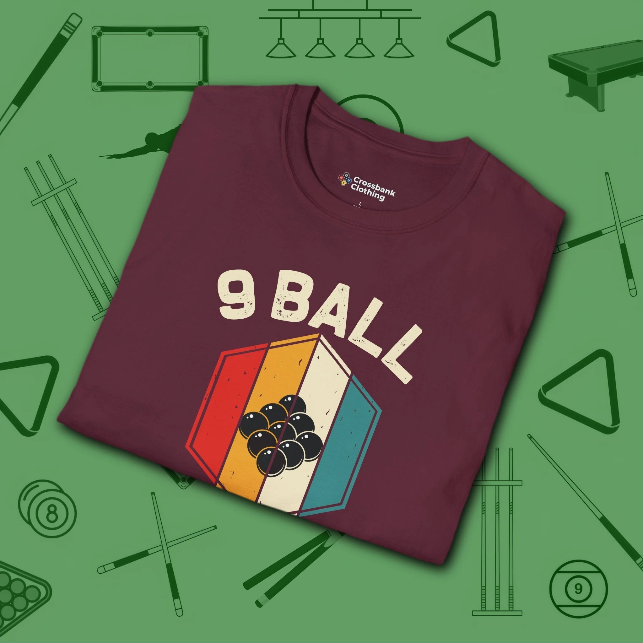 Retro Vibes T-Shirt, in Maroon color, billiards shirt, folded view