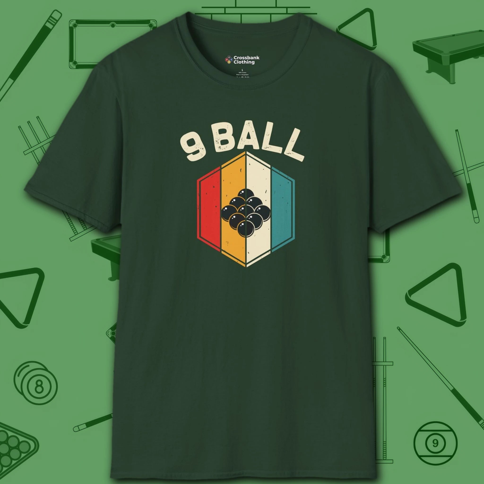 Retro Vibes T-Shirt, in Forest Green color, billiards shirt, front view