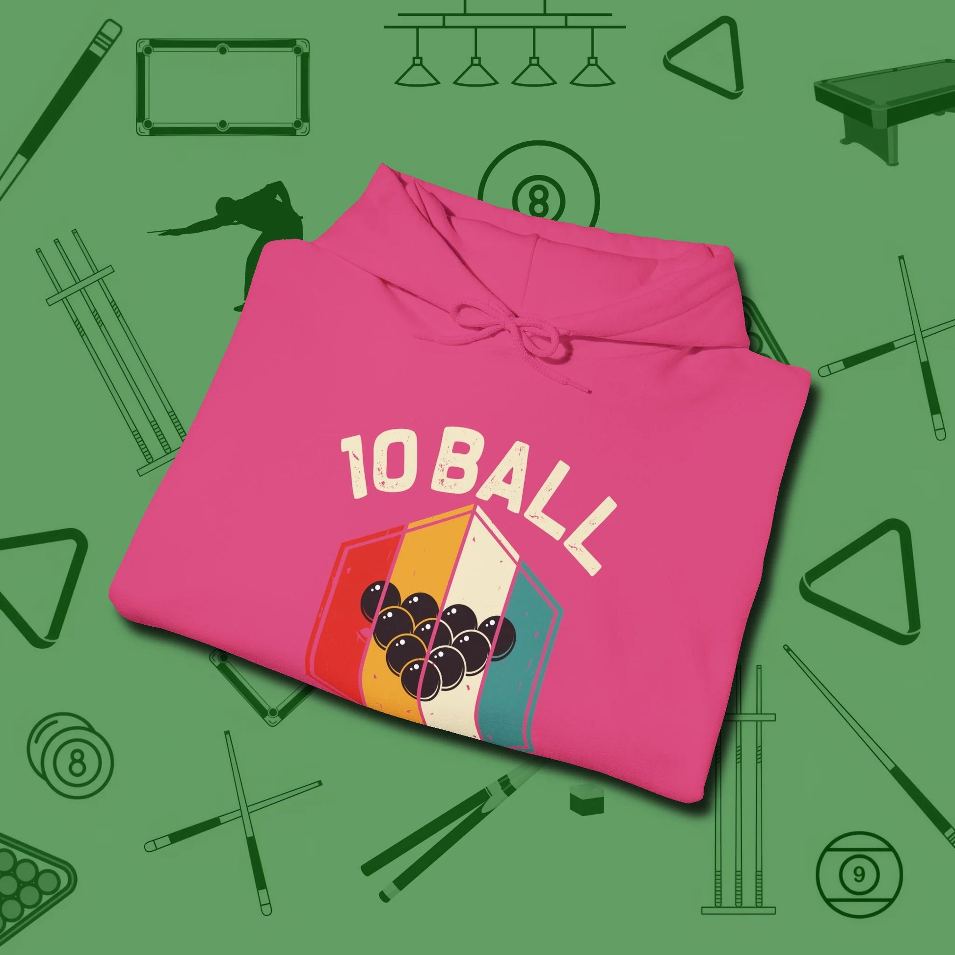 Retro Vibes Ten Ball Hoodie, folded view, in Heliconia styled to dominate from rack to run-out
