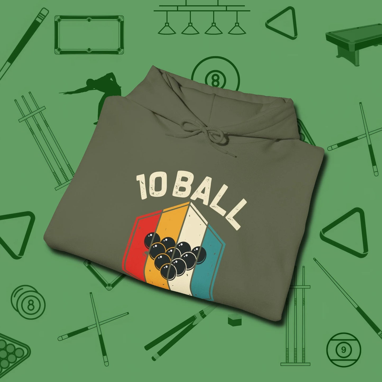 Retro Vibes Ten Ball Hoodie, folded view, in Military Green smart enough for the felt and the street