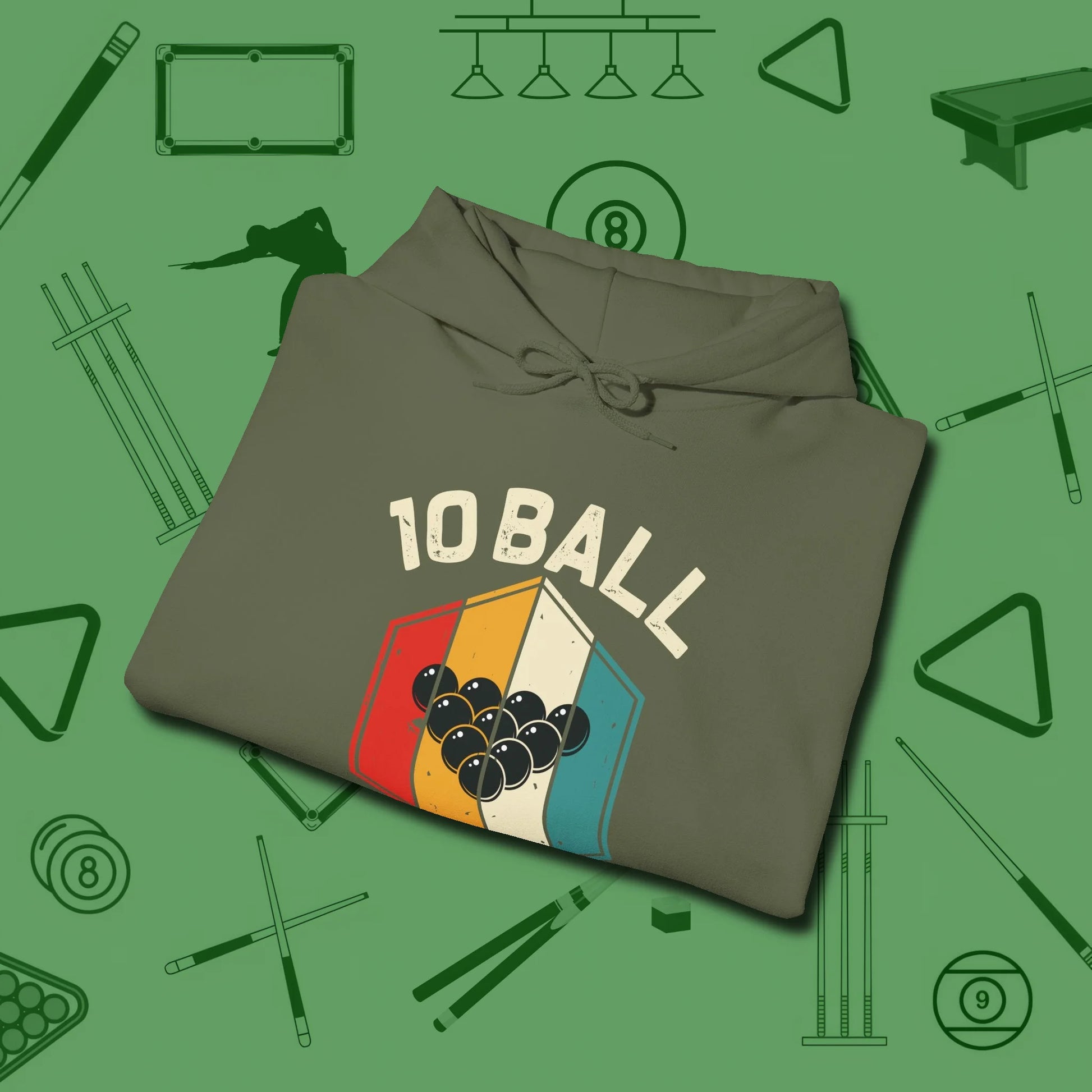 Retro Vibes Ten Ball Hoodie, folded view, in Military Green smart enough for the felt and the street