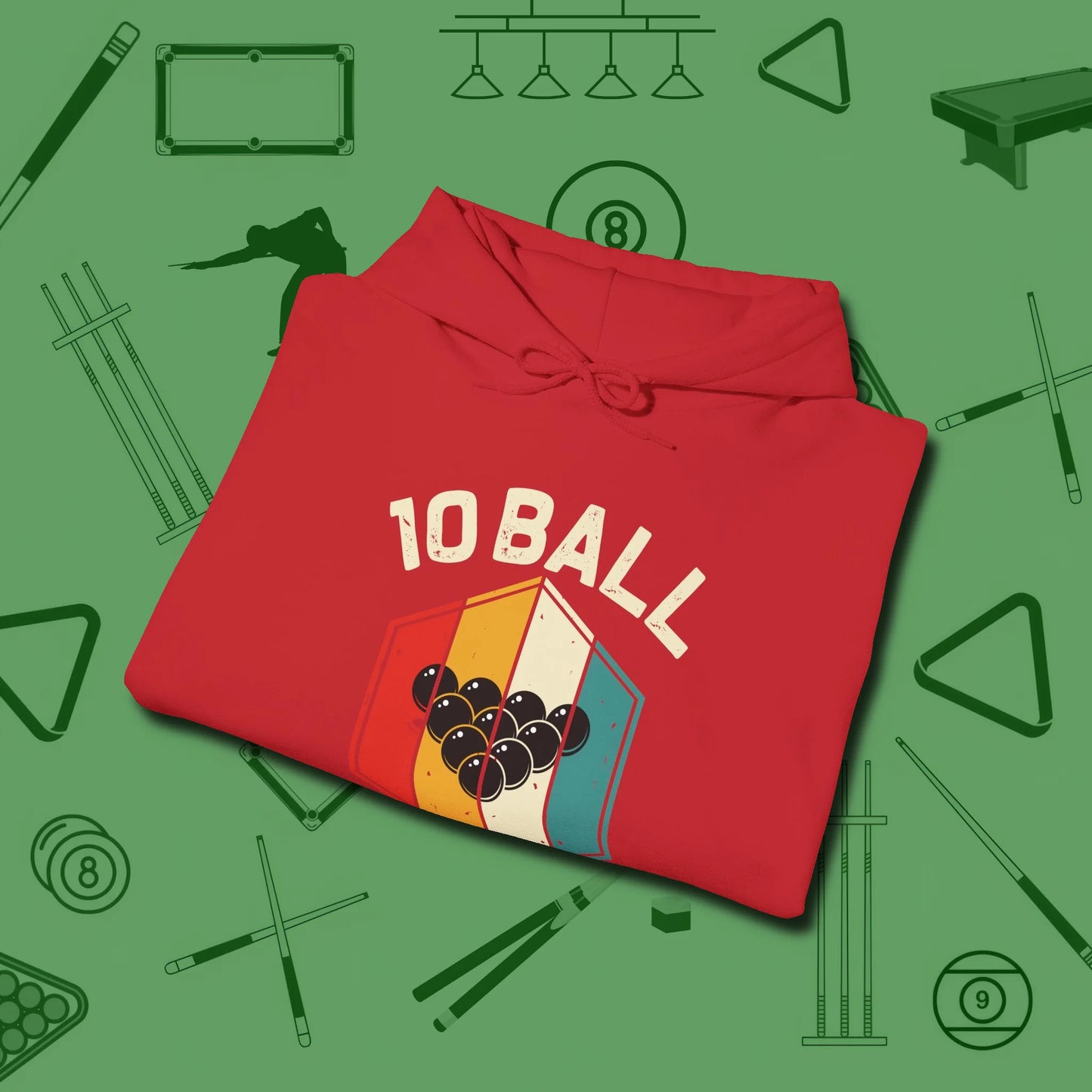 Retro Vibes Ten Ball Hoodie, folded view, in Red it’s not a hobby — it’s a lifestyle
