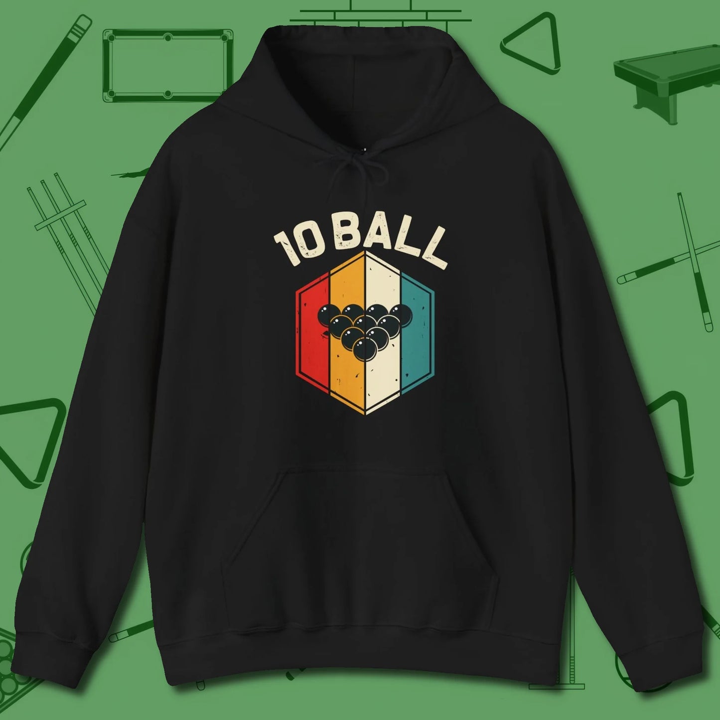 Retro Vibes Ten Ball Hoodie, front view, in Black for hustlers who keep it honest