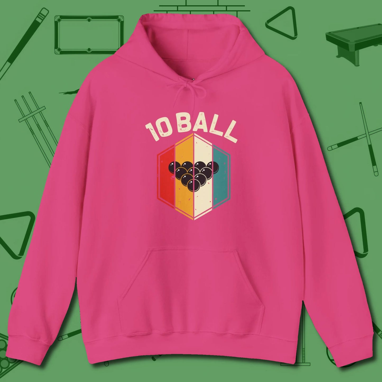 Retro Vibes Ten Ball Hoodie, front view, in Heliconia because pool isn’t just a game — it’s who you are