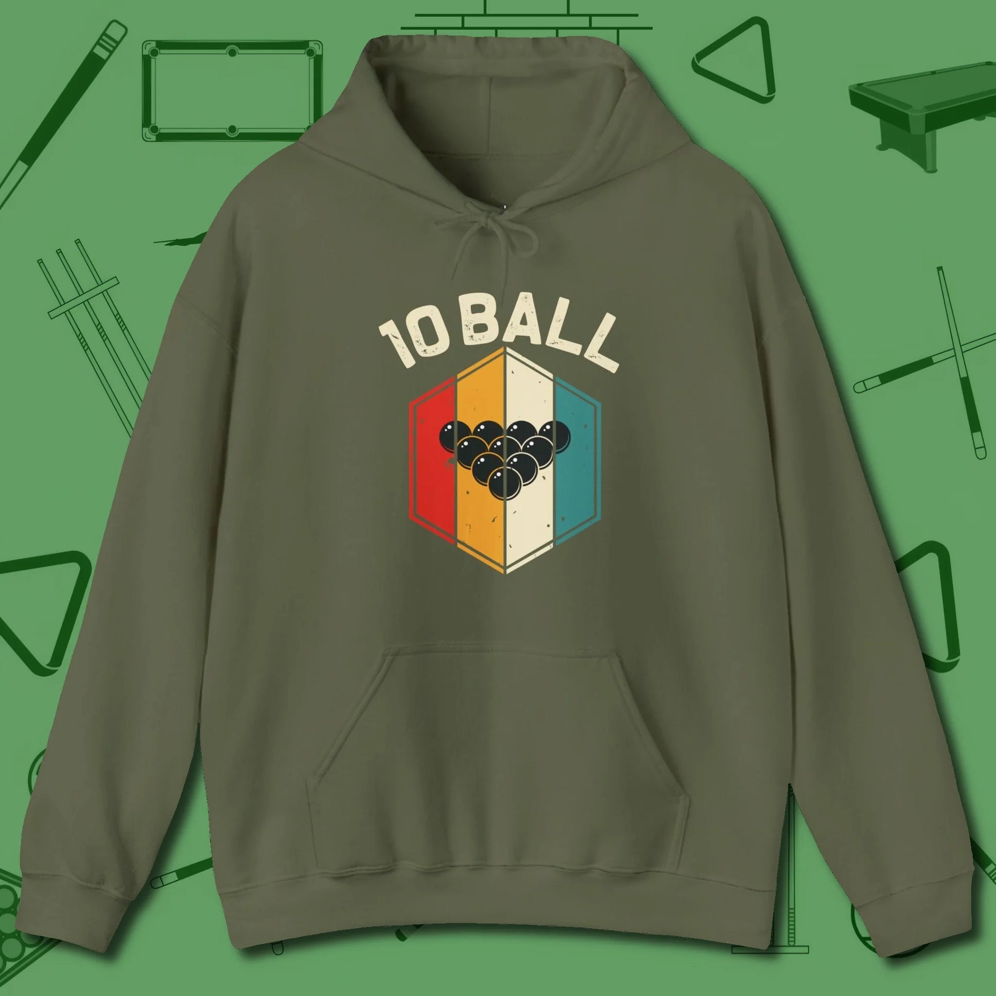Retro Vibes Ten Ball Hoodie, front view, in Military Green ideal for clean hits and clean fits